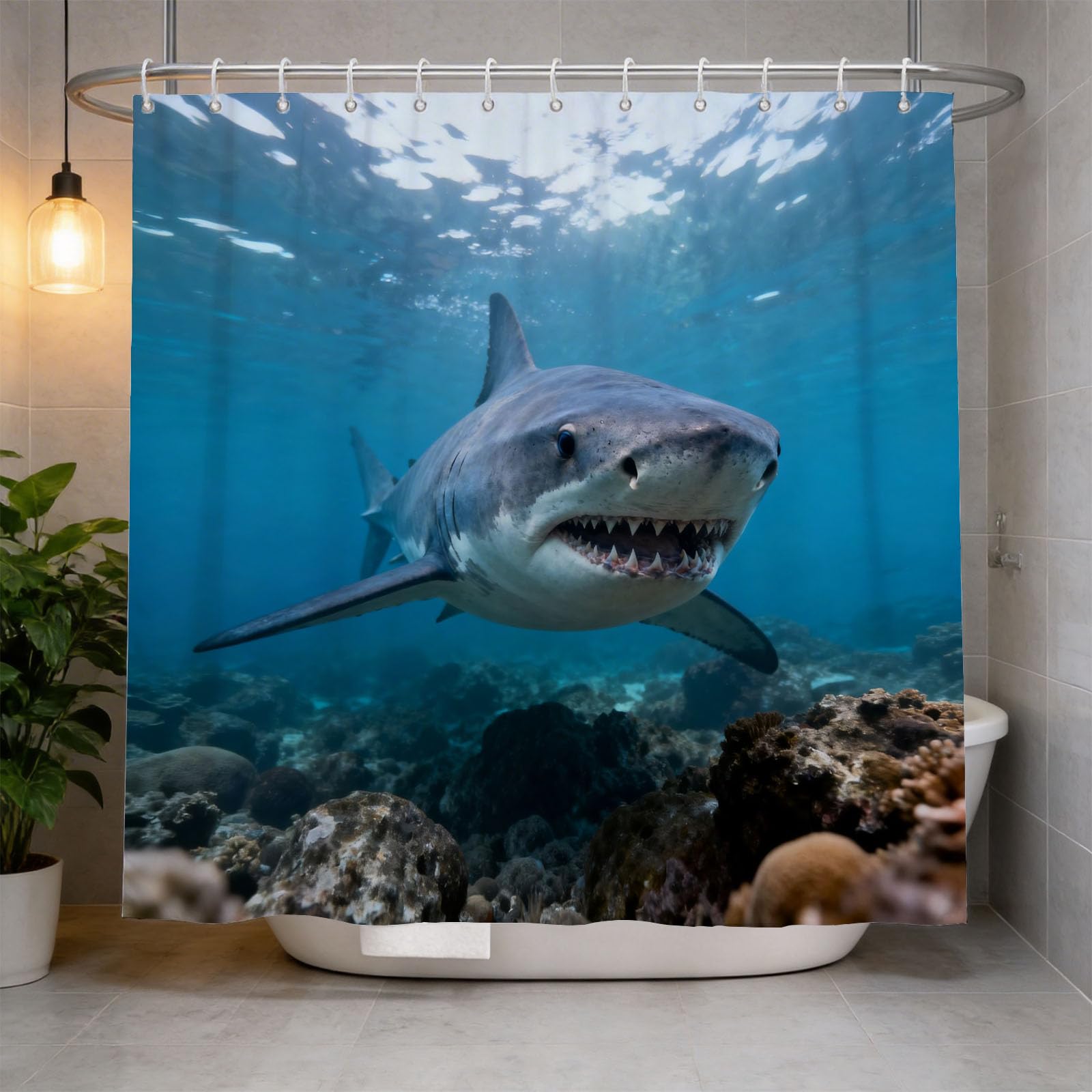 Hongduo 3D Shark Ocean Shower Curtain for Stalls Bathtubs Adult Child Youth Bathroom Decor Shower Curtain Set Polyester Fabric Waterproof 200x200cm/79X79 Inch with Hooks