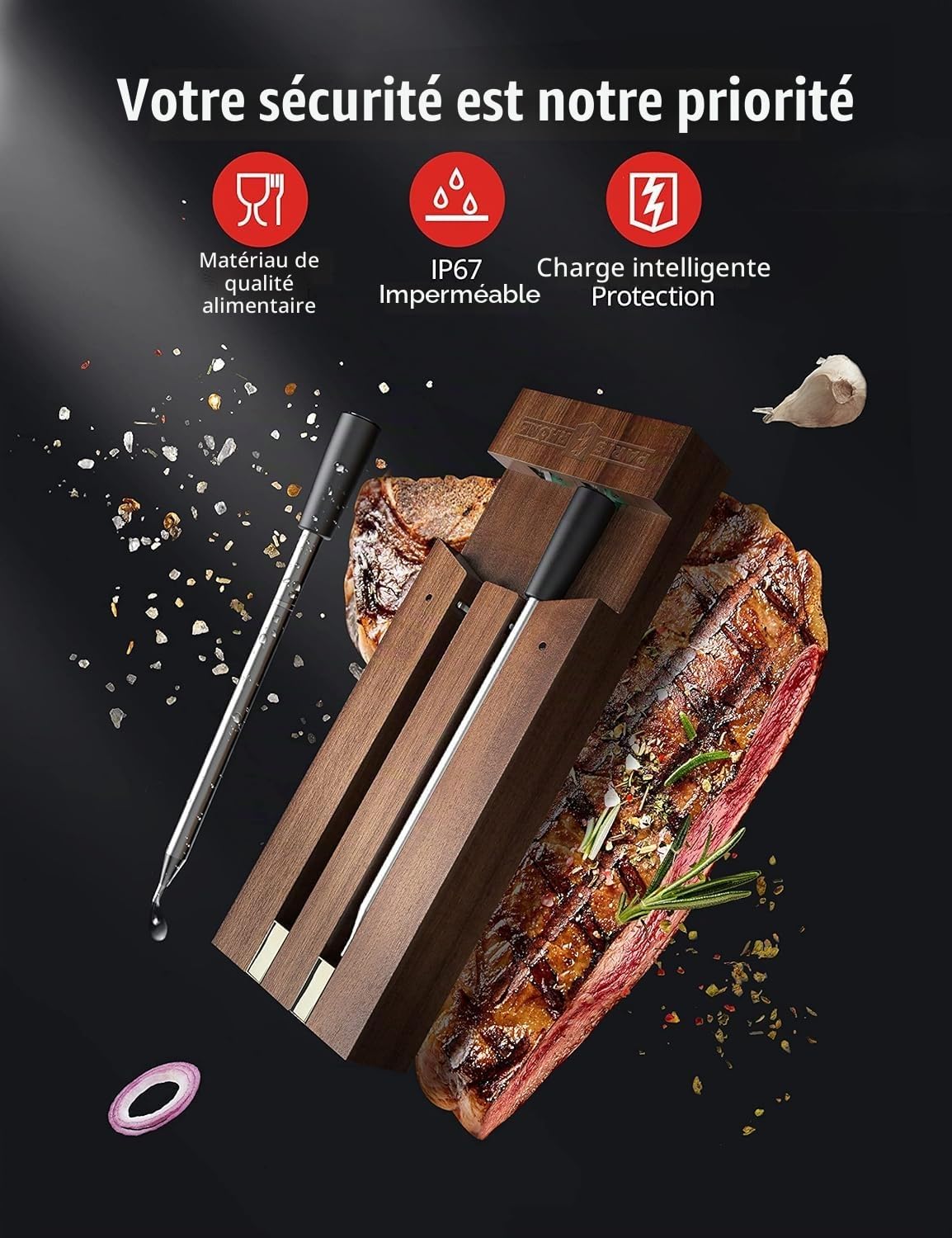 Paris-Rhône - Thermomètre de cuisson connecté - Autonomie 36h, Boîtier de charge en bambou, magnétique, sonde de température intelligente, barbecue, rotissoire, air fryer, portée 100m (2 sondes)