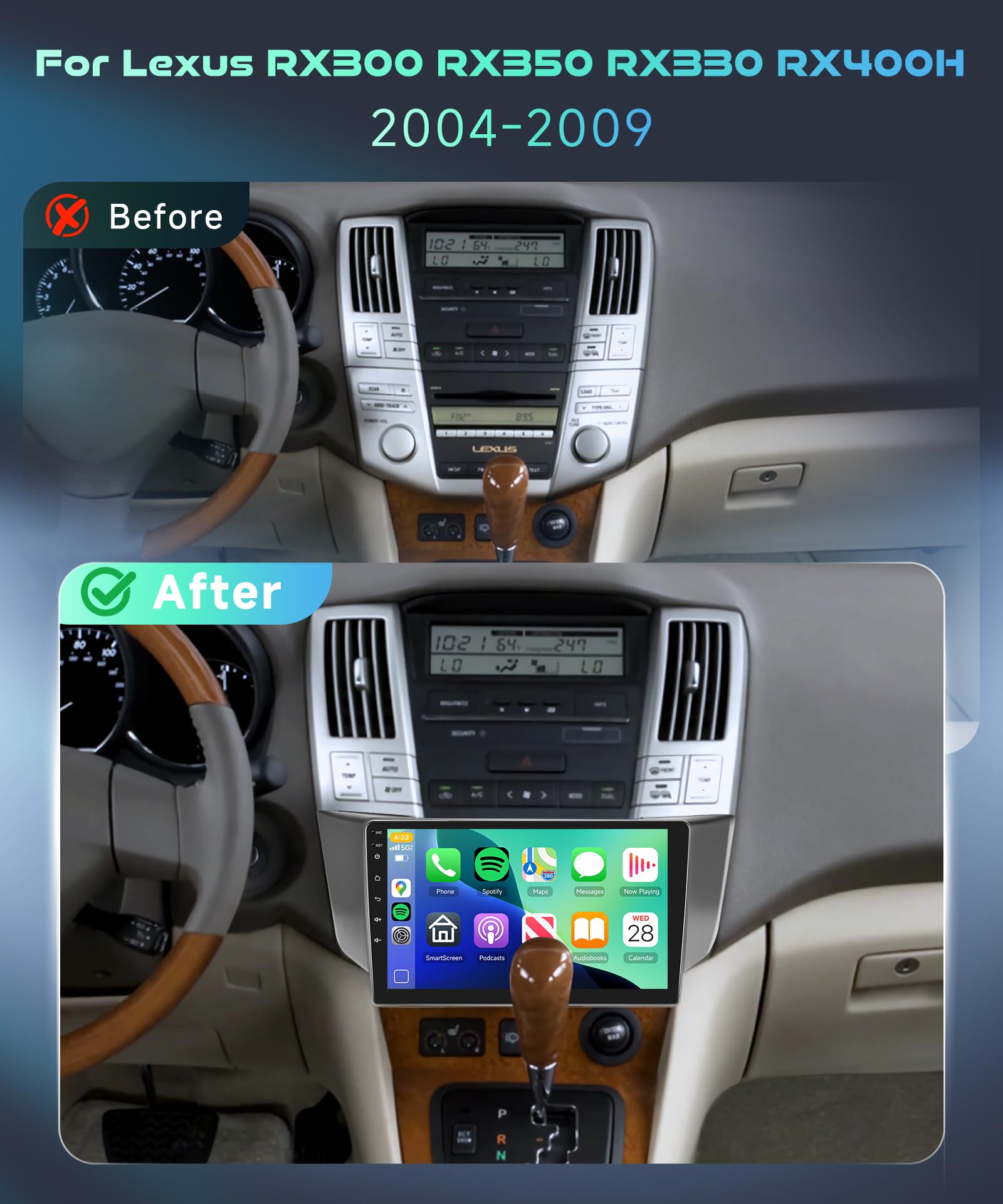 Before and after installation of the MAHVEC car stereo in a Lexus RX dashboard