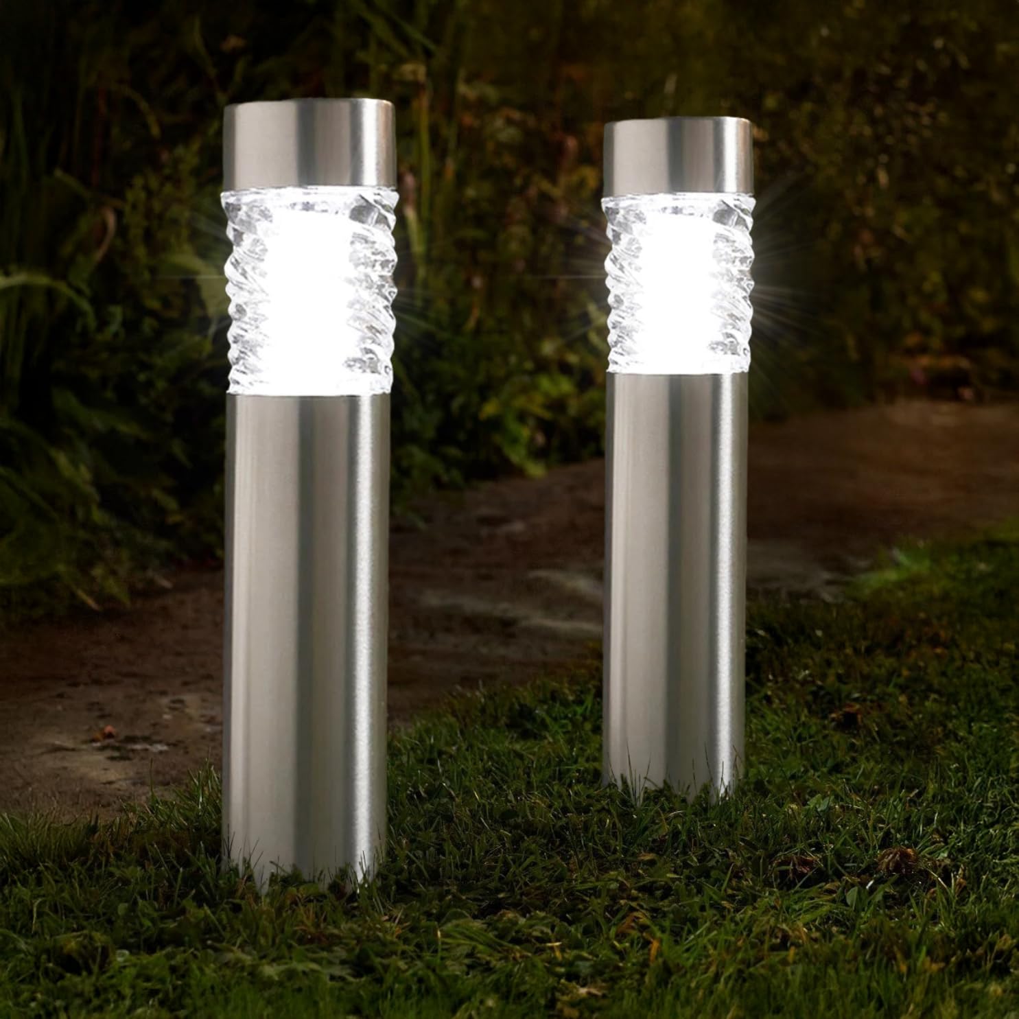 Garden Mile Set of 2 Wave Bollard Solar Garden Lights 10 Lumen Outdoor Lighting Stainless Steel Solar Stake Lights for Driveway Pathway Lighting Ideal for Flowerbeds Borders Patio Lawn