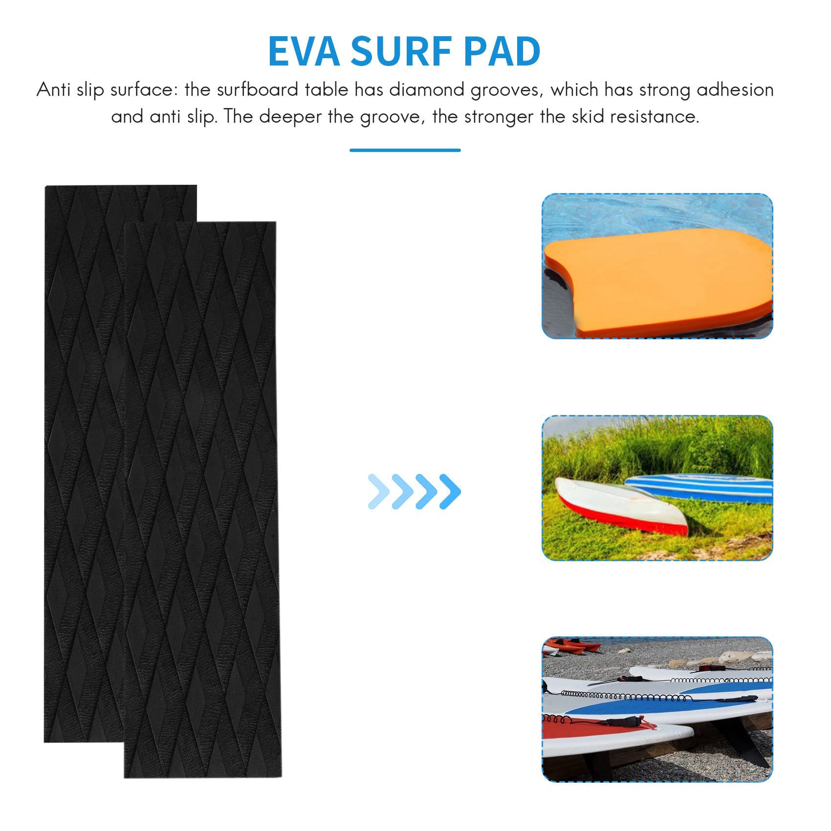 Kqcibz 4Pcs Surfboard Traction Pads EVA Surfing Skimboard Deck Traction Pads Anti-Slip Front Tail Pad for Surfboards,Kiteboard, black