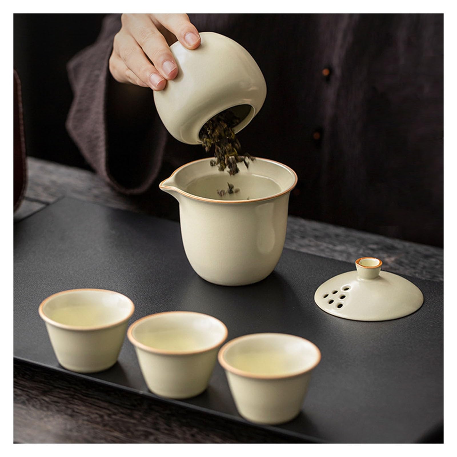 Przenośny podróżny zestaw czajniczek, ceramiczny zestaw do herbaty Gaiwan na ceremonię parzenia herbaty Kung Fu, idealny do biura, na piknik, do kampera i na kemping, zawiera niezbędne akcesoria