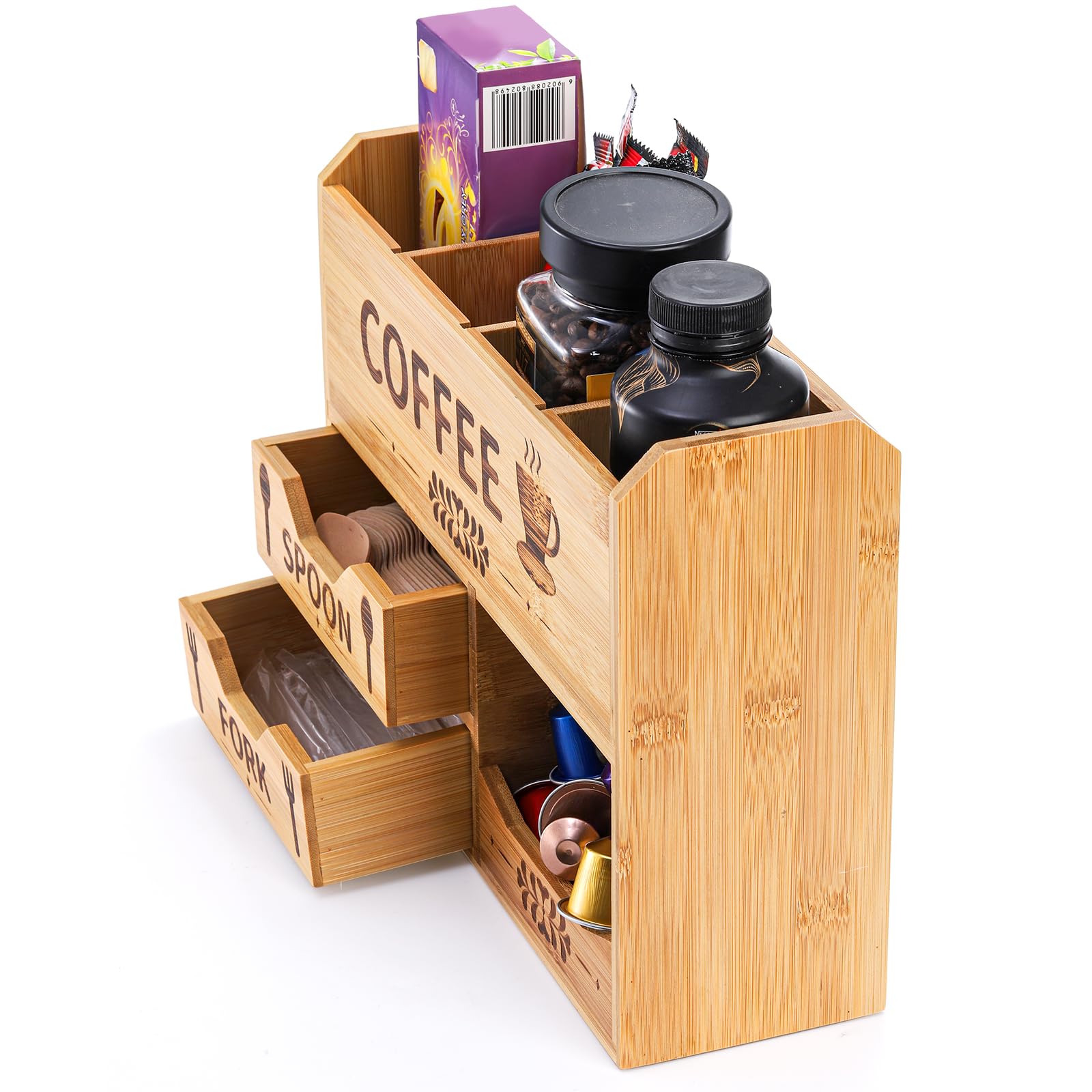 Organisateur Café Comptoir - Range Capsules Et Accessoires - Bois 5 Compartiments - Style Vintage