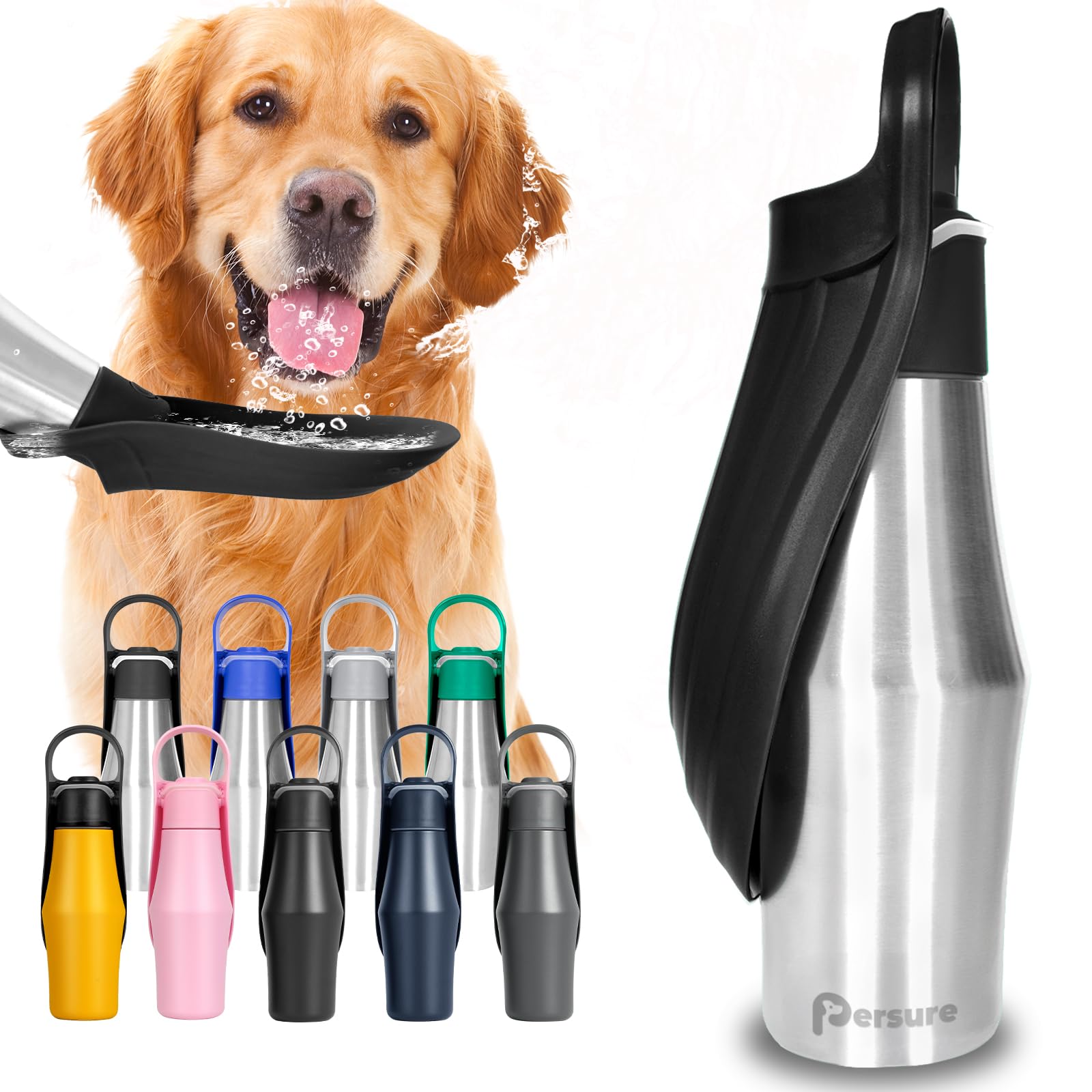 Persure 27 OZ Dog Water Bottle Portable Stainless Steel Convenient Pet Water Dispenser, Leak Proof Puppy Travel Water Bowl for Dog Outdoor Walking, Hiking, Perfect Size for All Dog Breeds, Black