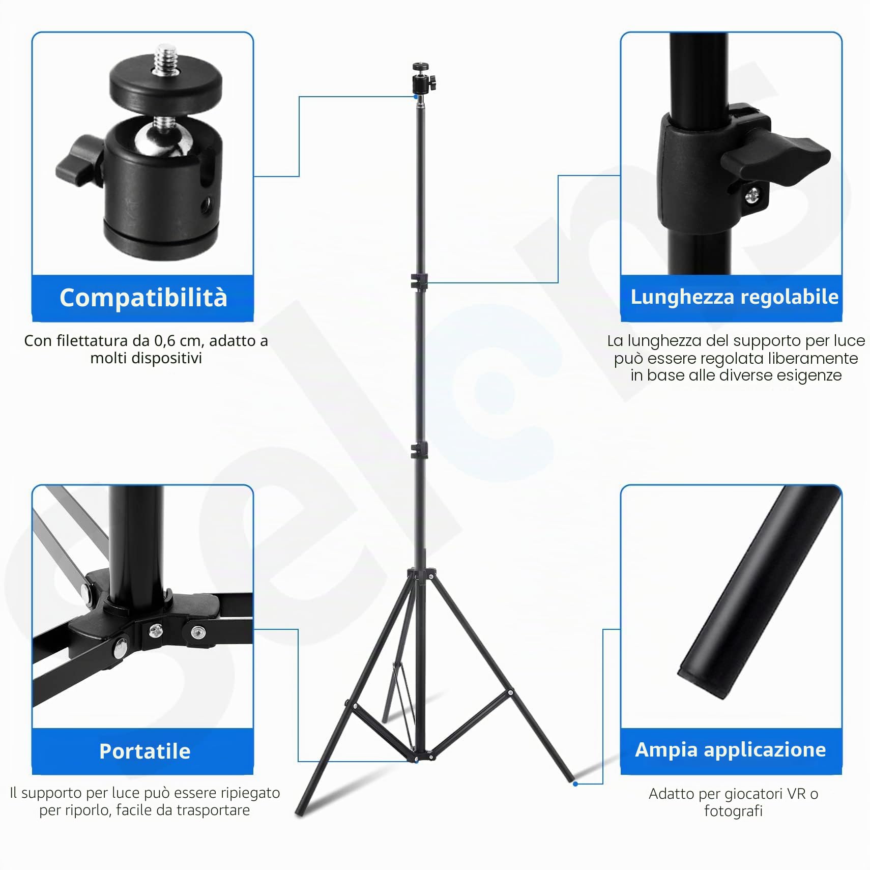 Selens Treppiedi per luce da 200 cm, kit da 2 pezzi, per HTC Vive VR, prodotto fotografico, prodotto per fotografia, in lega di alluminio, clip per cavi Vive, borsa per il trasporto