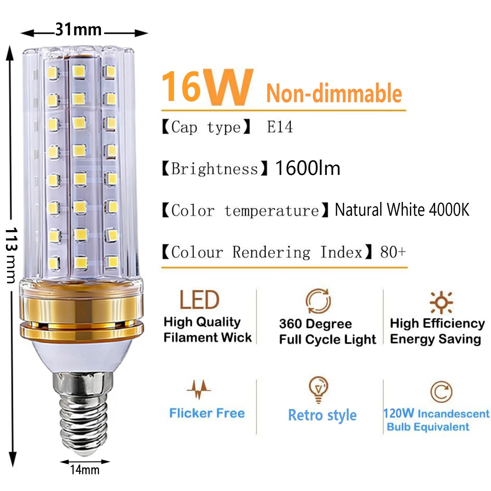 Lampadine LED E14 Bianco Naturale 4000K 16W Equivalenti 160W Senza Sfarfallio Risparmio energetico (CRI>80) for Soggiorno Camera da letto Cucina Non dimmerabile(5 Pack)