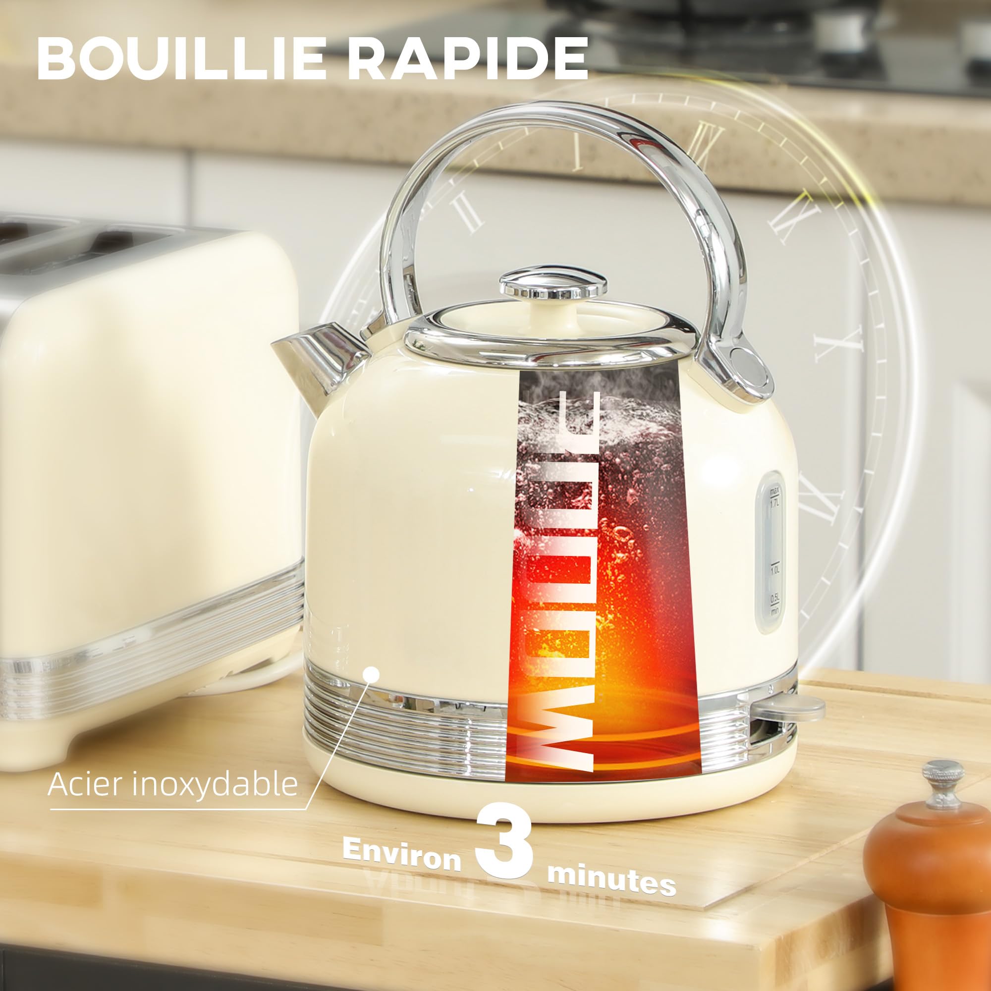 HOMCOM Ensemble bouilloire et grille-pain 2200 W, bouilloire inox 1,7 L, grille-pain 4 tranches, 7 niveaux brunissage, crème