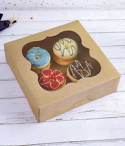 Miniatura 3 de CHERRY Paquete de 15 cajas de panadería marrones de 10 x 10 x 3 pulgadas con ventana de PVC para tartas y galletas, caja pequeña de papel kraft