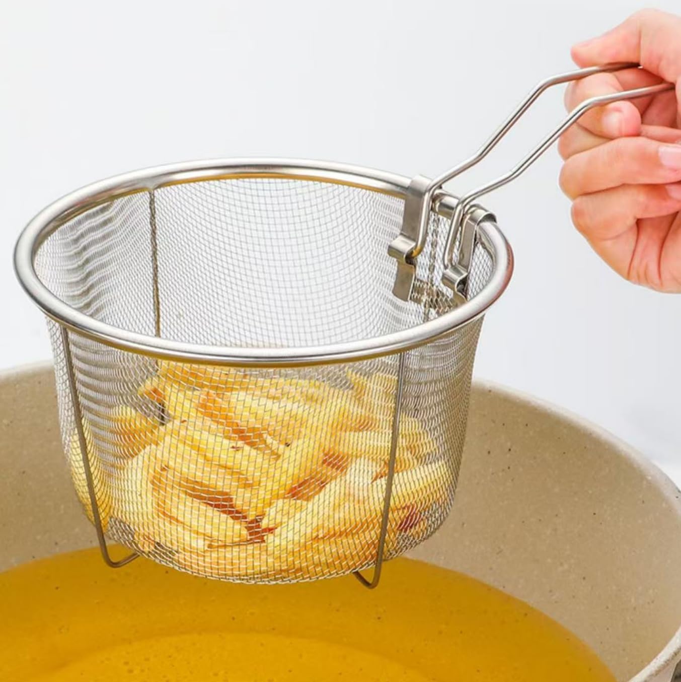 2 Pack Collapsible Deep Fryer Stainless Steel Deep Fry Basket with Foldable Handle, Fry Chips Baskets Round Wire Mesh Basket with Folding Handle for Kitchen Frying Pasta Spaghetti Silver