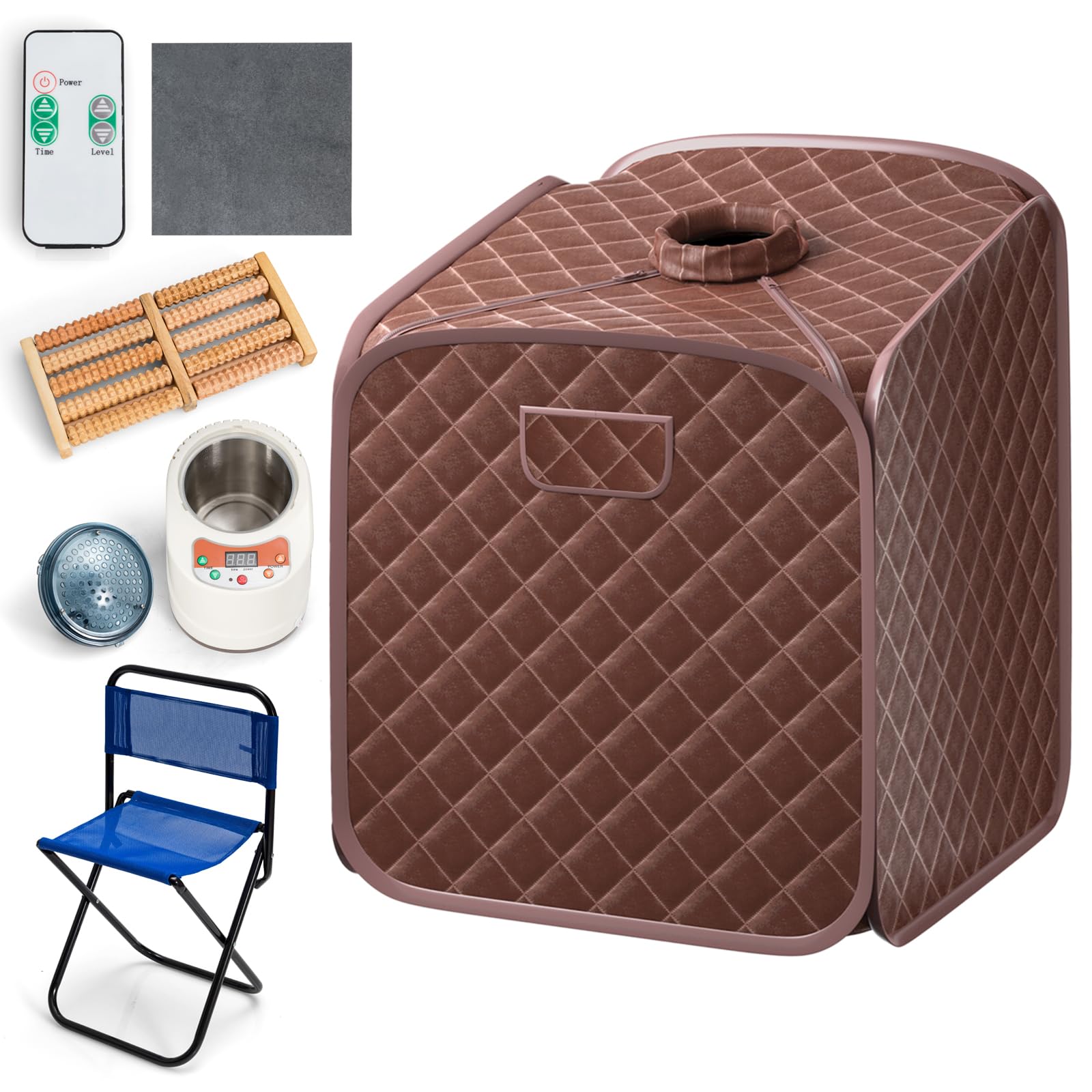GOPLUS Sauna parowa, 2 l, prywatna kabina sauny z krzesłem, masaż stóp, rolka, 9 regulowanych poziomów temperatury, domowa sauna do redukcji wagi, detoksykacji, redukcji stresu, zmęczenia (brązowa)