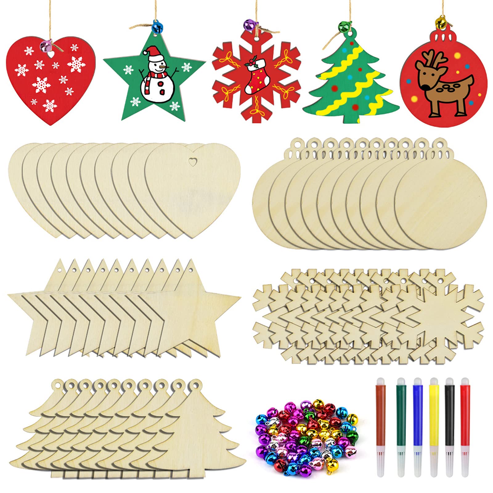 BROTOU 50PCS DIY Wooden Christmas Ornaments, Unfinished Wood Ornaments Crafts for Holiday, Festival, Wedding Party, Christmas Crafts for Kids