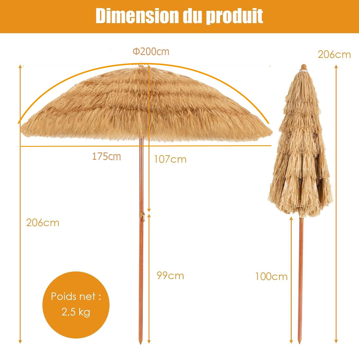 RELAX4LIFE Parasol Plage Hawaïen Inclinable Φ2M en Paille Tropicale