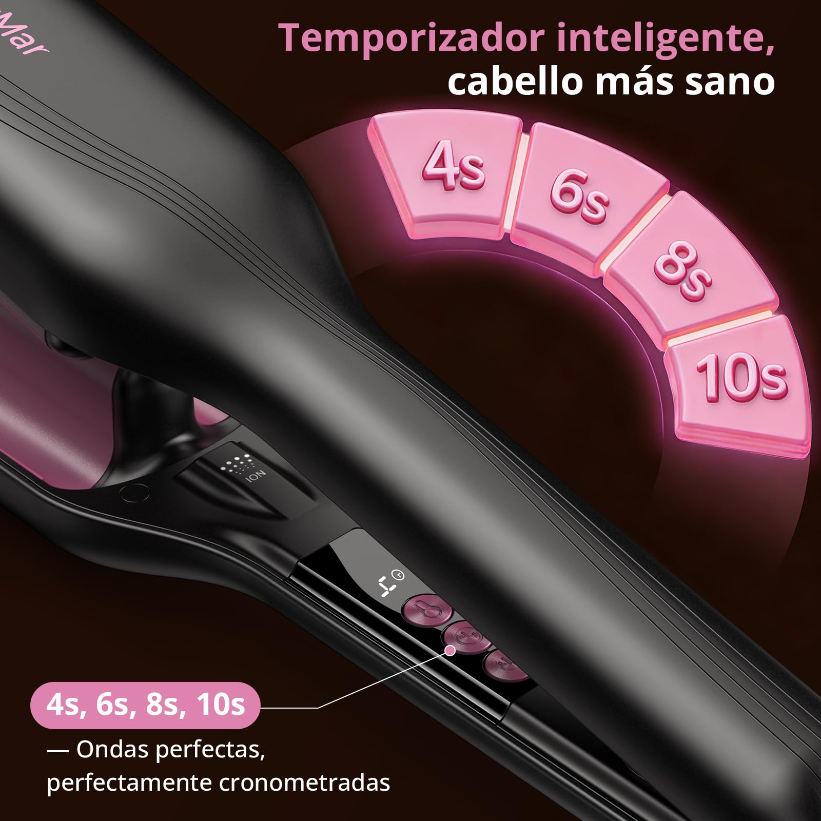 CrazyMar Rizador de Pelo Ondas, 25mm Plancha Ondas Surferas-Calentamiento Rápido 15s, Ondulador de Pelo Iónico con 9 Temperaturas + 4 Temporizadores, Fijación 24h y Antiquemaduras, Pantalla LED