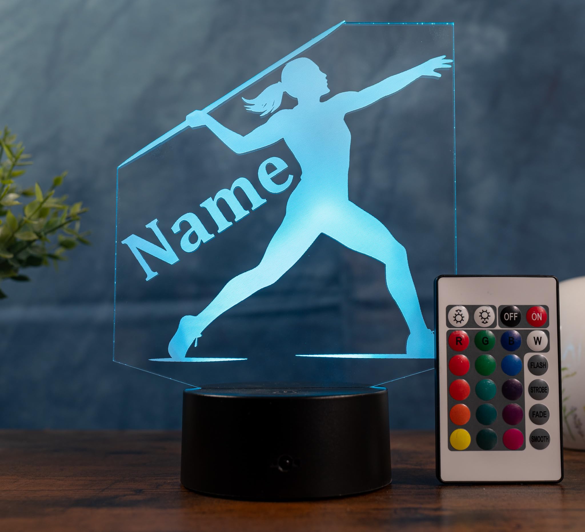 Speerwurf Lampe personalisiert – LED Nachtlicht mit Name | Leichtathletik Geschenk für Frauen & Mädchen | Javelin Throw Light Sport Deko Kinderzimmer & Vereinsheim