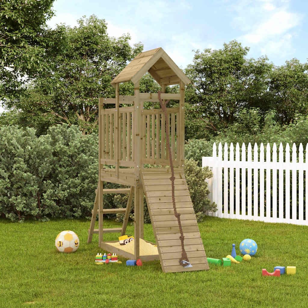 Torre da gioco in legno di pino impregnato a pressione con parete da arrampicata, corda scivolo, sabbiera 229 x 64 x 214 cm, per giardino, cortile, terrazza, movimento e avventura