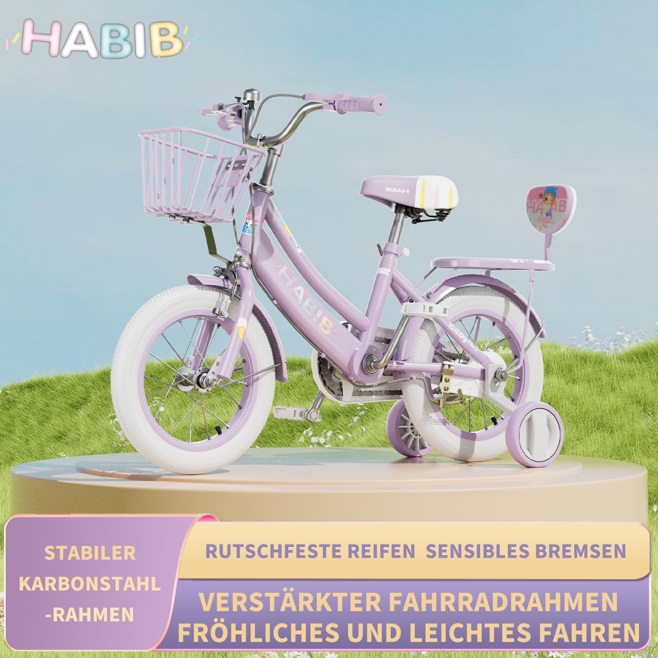 Habib Mädchenfahrrad Komplettset | 12, 14, 16 Zoll | Inkl. Luftpumpe & 6-teiligem Schutz-Set | Karbonstahlrahmen & Duales Bremssystem | Mitwachsend & sicher für Mädchen 3-8 Jahre