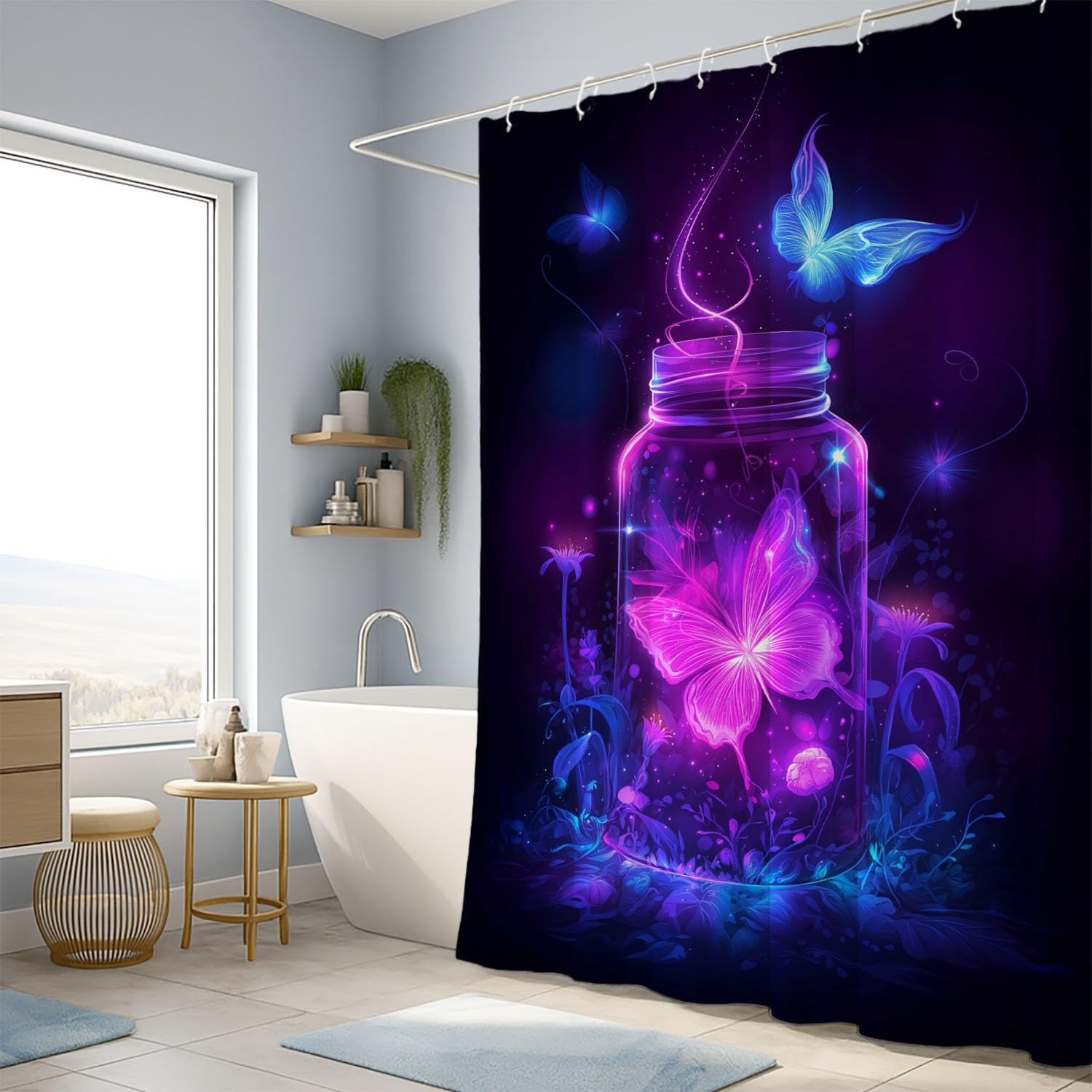 Fantasie Wonderland - Tenda da doccia con farfalle, 240 x 200 cm, impermeabile, resistente alla muffa, in microfibra, con occhielli e ganci, colore nero