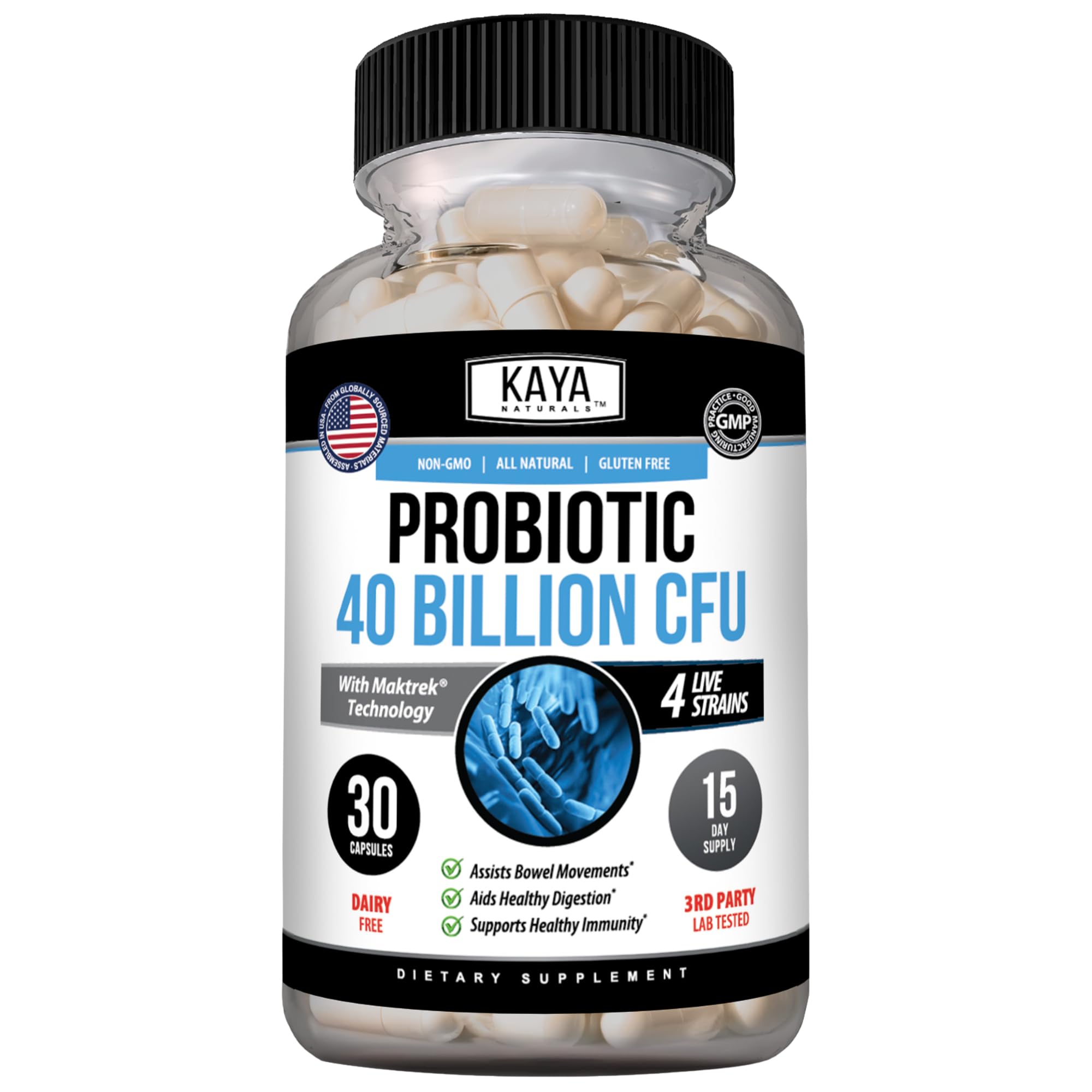 Kaya Naturals Probiotic 40 Billion CFU, Prebiotic, 4 Strains, 30 Capsules 30 Count (Pack of 1)