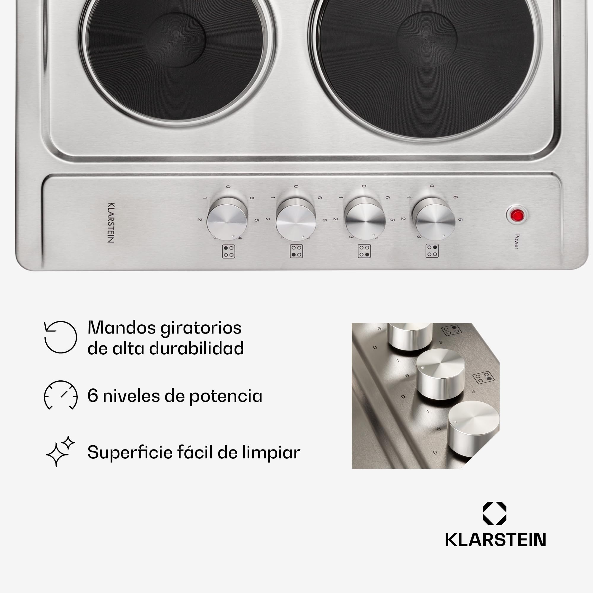 Klarstein Appetito Placa de Cocina Empotrable de Placas, Indicador de Calor Residual, Mandos Giratorios, 6 Niveles, Electrica, Fogones, Acero Inoxidable, 4 Placas/Zonas, 5500 Vatios, Plata