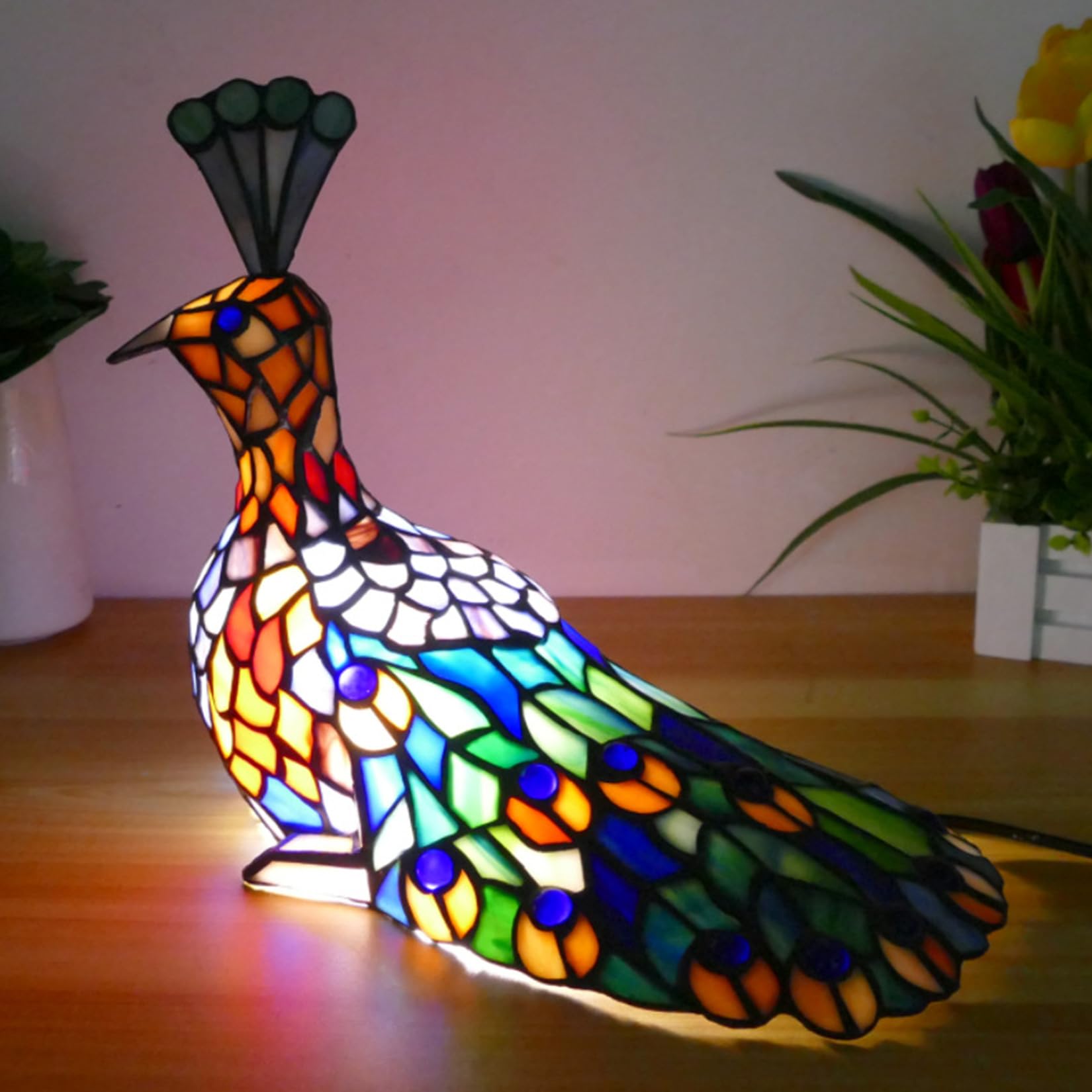 Lámpara de Mesa Retro de Vidrio Teñido Azul con Pavo Real Luz Nocturna de 11"de Altura Estilo Tiffany para Dormitorio Mesita de Noche Comedor Habitación Infantil Oficina Decoración del Hogar