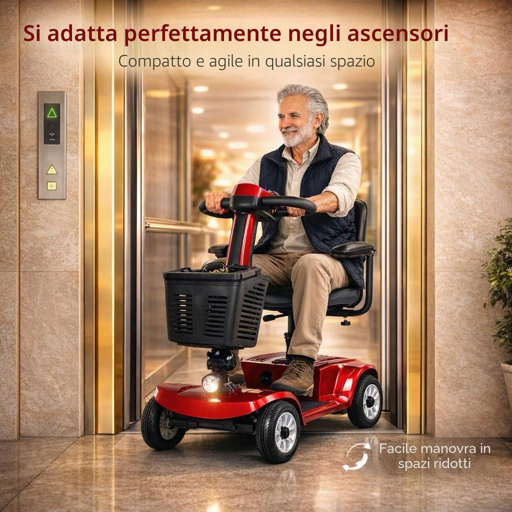 Mobility Scooter Elettrico per Disabili e Anziani di Pieghevole e Leggero, 3S Piegatura Rapida per Mobilità,Pneumatici Antiforatura per Persone con Mobilità Ridotta Sedia a Rotelle (Rosso)