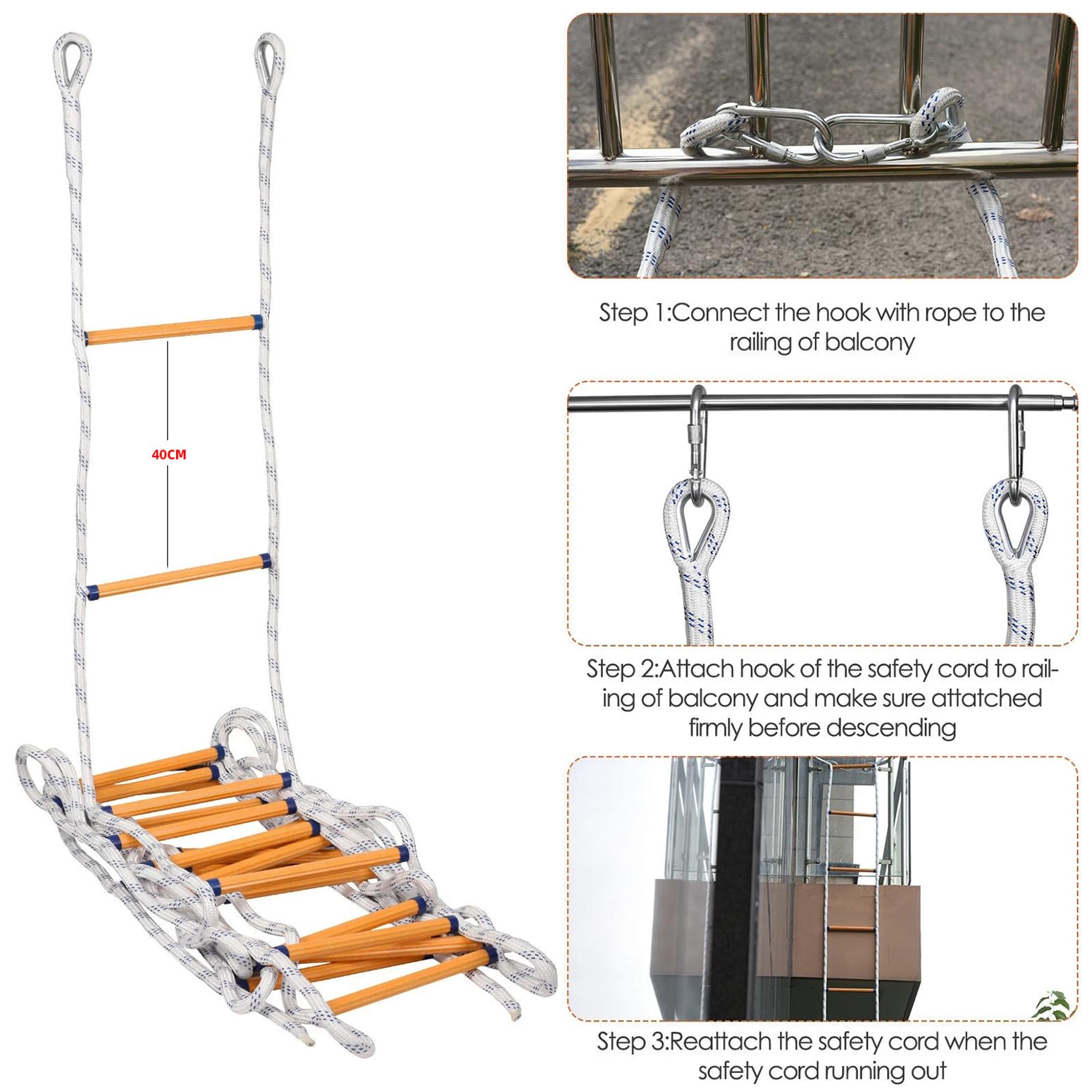 Strickleiter Feuerwehrleiter,Notfallleiter,Feuerwehr-Rettungsleiter,Tragbare Multifunktions,Sicherheitsleiter mit 2 Haken,Kleine Rettungsleiter für den Innen- und Außenbereich geeignet (10M 32.8FT)