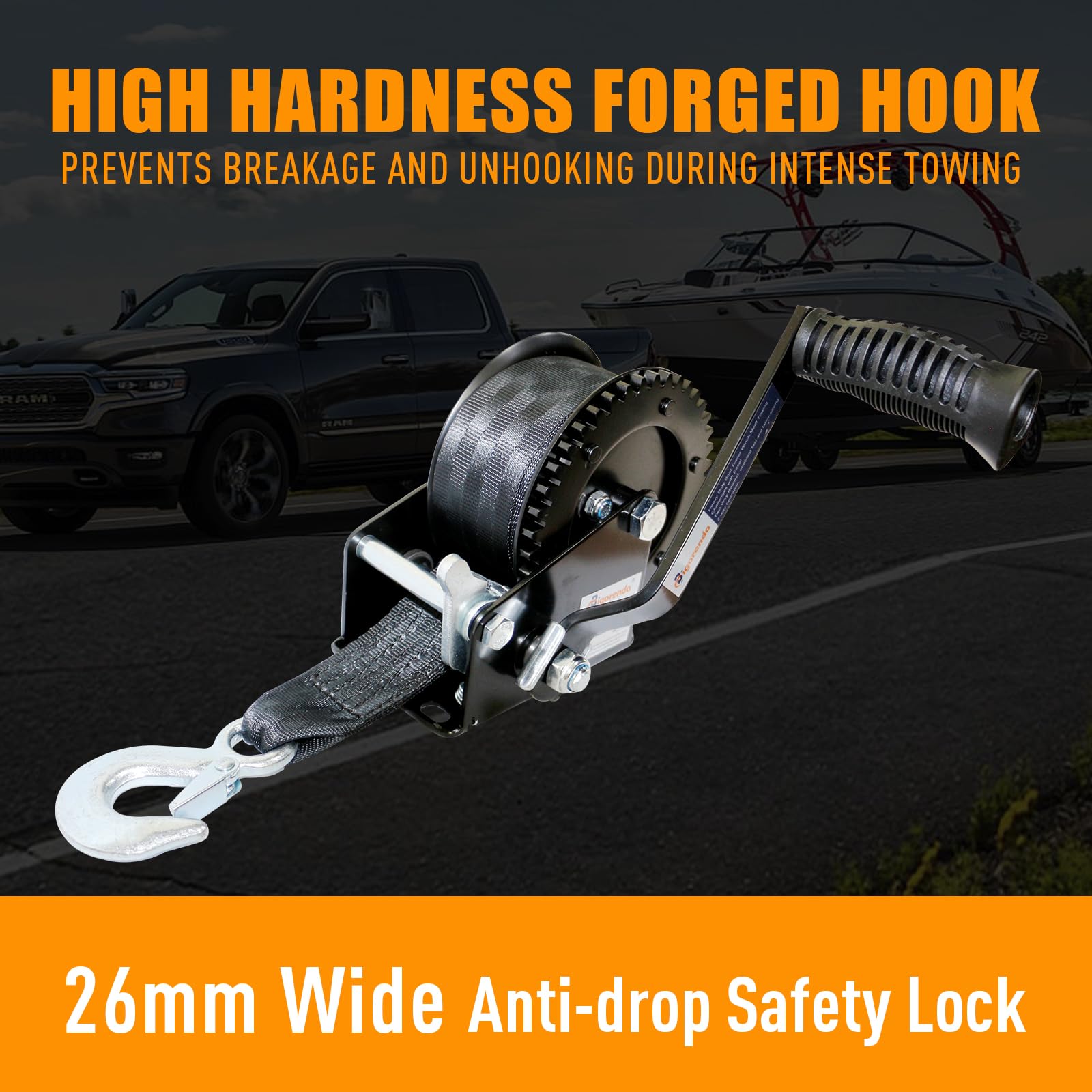 Hand Winch, Heavy Duty Boat Trailer Winch Hand Winch with 10M (33FT) Polyester Strap and Two-Way Ratchet, 1600LBS Pulling Capacity, Manual Operated Hand Crank Winch for Trailer, Boat or ATV Towing — view 7