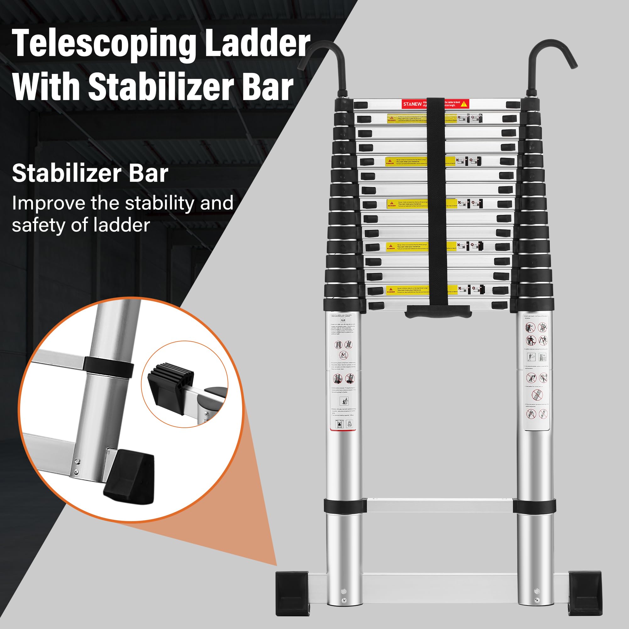 TEENO Échelle Télescopique 6.2 M, Escabeau Telescopique Pliable en Aluminium avec Barre Stabilisatrice et Crochet Amovible, Charge Max 150 kg