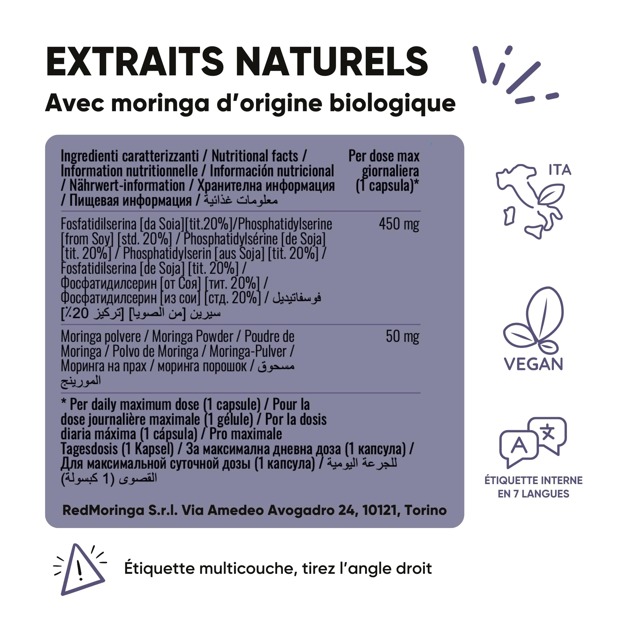 LOW CORTISOLO – Phosphatidylsérine 450 mg + Moringa Oleifera BIO | Pour abaisser le cortisol, ventre de stress | Complément mémoire et concentration | 150 gélules végétales Made in Italy | RedMoringa