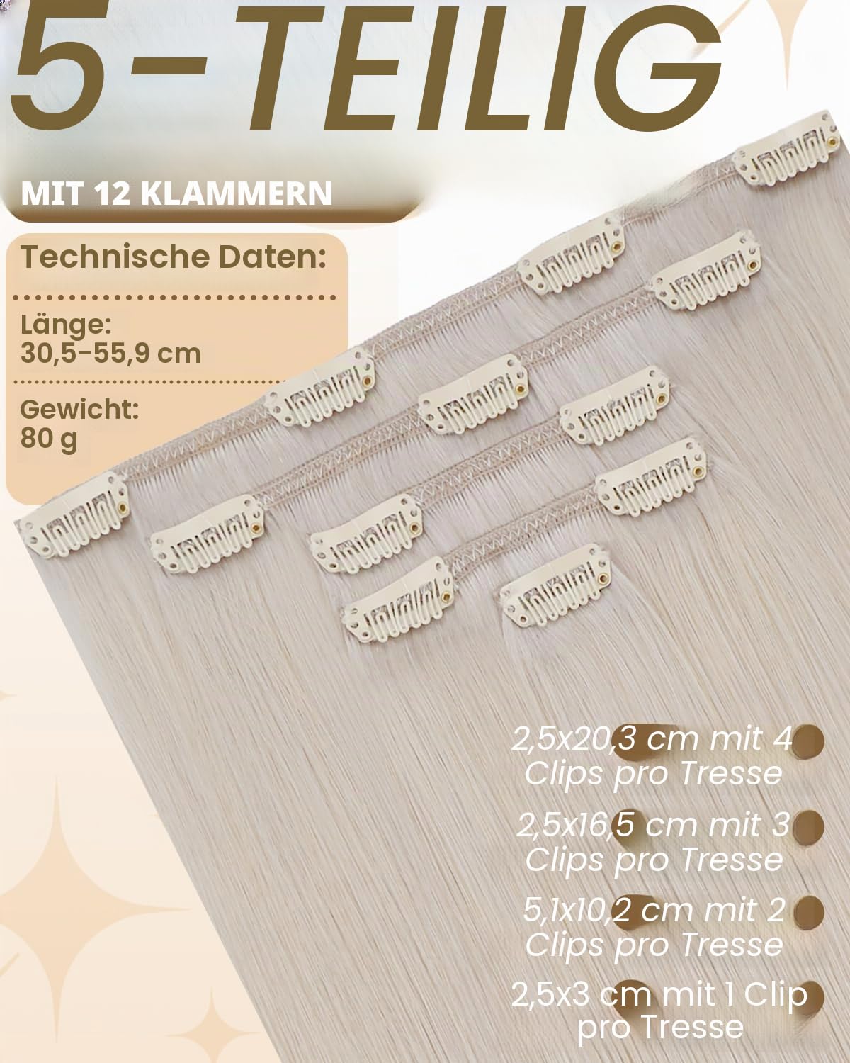 Hetto Clip in Extensions Echthaar Platinblond - Für Kurze Haare: Invisible & Seamless für Hochzeit/Party, Extra Starke Clips für Sofortiges Volumen 35cm 80g 5pcs 60