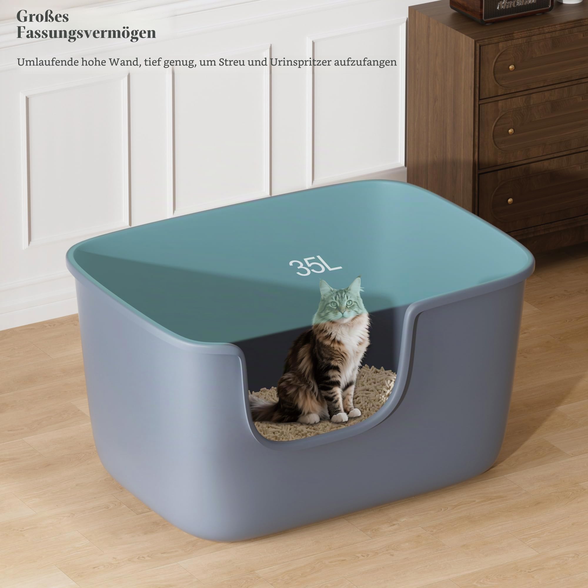 Vealind Große Katzenklo XXL Katzentoilette für Mehrkatzenhaushalte， 56L x 41W x 31H cm Offene Katzenklo，Keine Leckage Niedriger Eingang Katze Toilette