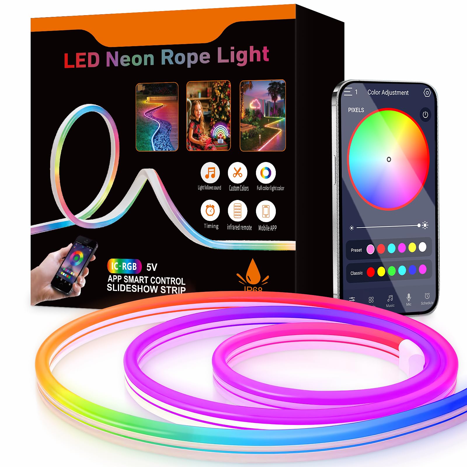 Striscia luminosa al neon RGB-IC, 10 m, USB, 5 V, USB, Bluetooth, LED per parete, striscia luminosa per esterni, controllo app, sincronizzazione musica, ideale per la decorazione della stanza