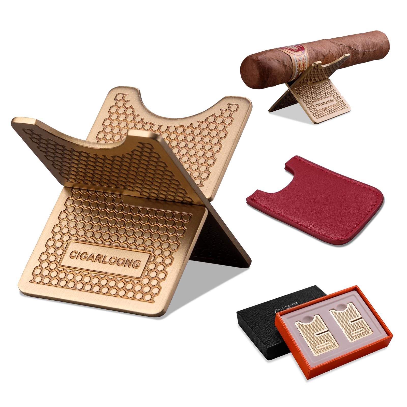 CLZOONG Cigar Stand Stainless Steel Detachable Cigar Holder Rest Portable Cigar Rest Shelf Tray with PU Leather Case and Gifts Box for Men (Bronze)