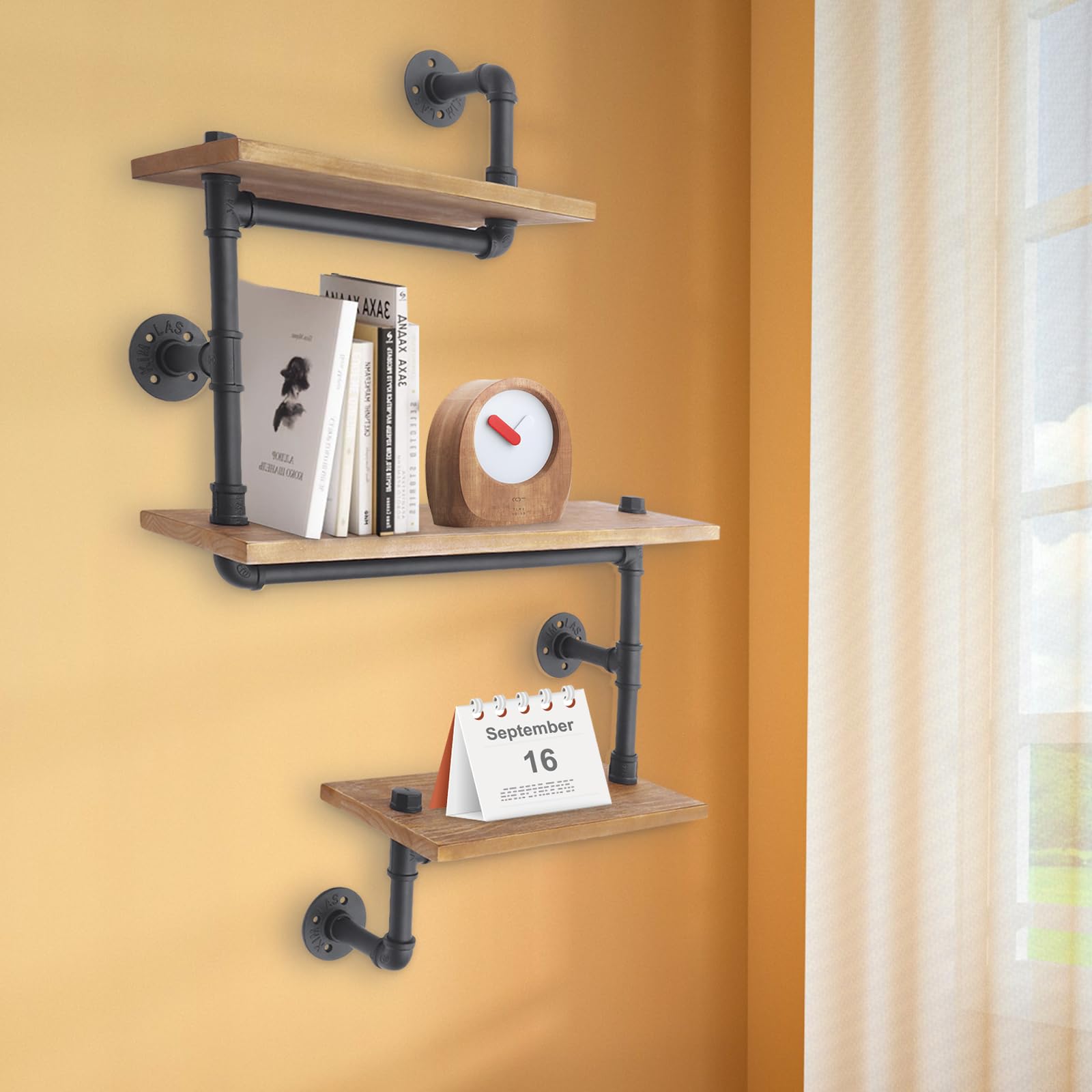 Regał ścienny, drewniany, metalowy, 3-poziomowy, do montażu na ścianie, przemysłowy design, regał kuchenny, regał na książki, do salonu, kuchni, biura