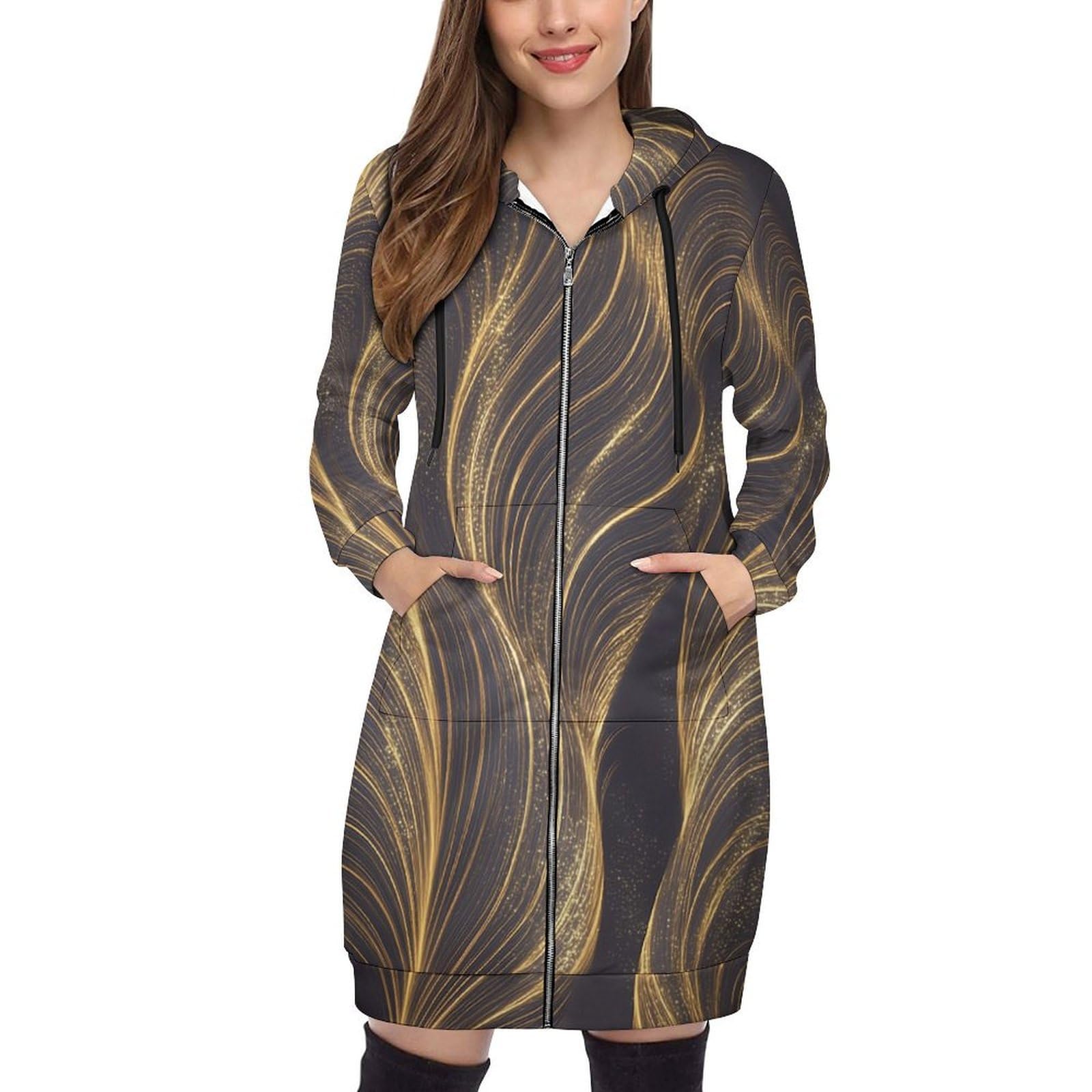 Felpa Donna con Zip Felpe Sportiva con Tasche E Cappuccio Elegante Motivo A Onde Morbida Invernale Giacca Regolabile Oro Confortevole per Uso Quotidiano Casual
