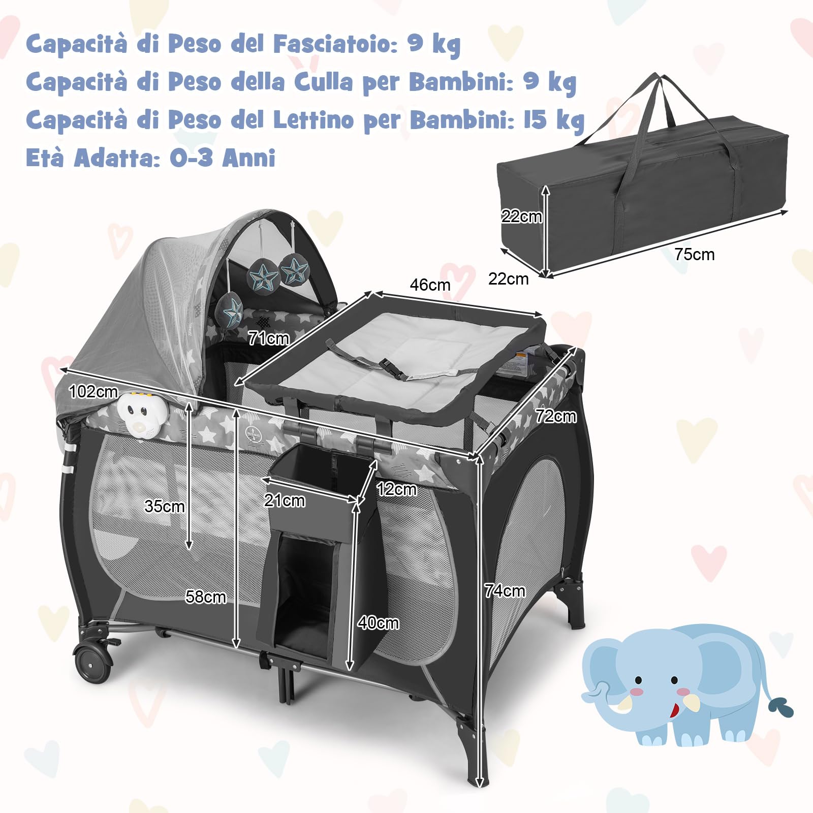 COSTWAY 5 in 1 Lettino da Campeggio con Materasso, Lettino Neonato da Viaggio Pieghevole, Box Bambini Portatile con Borsa, Zanzariera, per Bambini 0-36 Mesi (Stella Grigia)