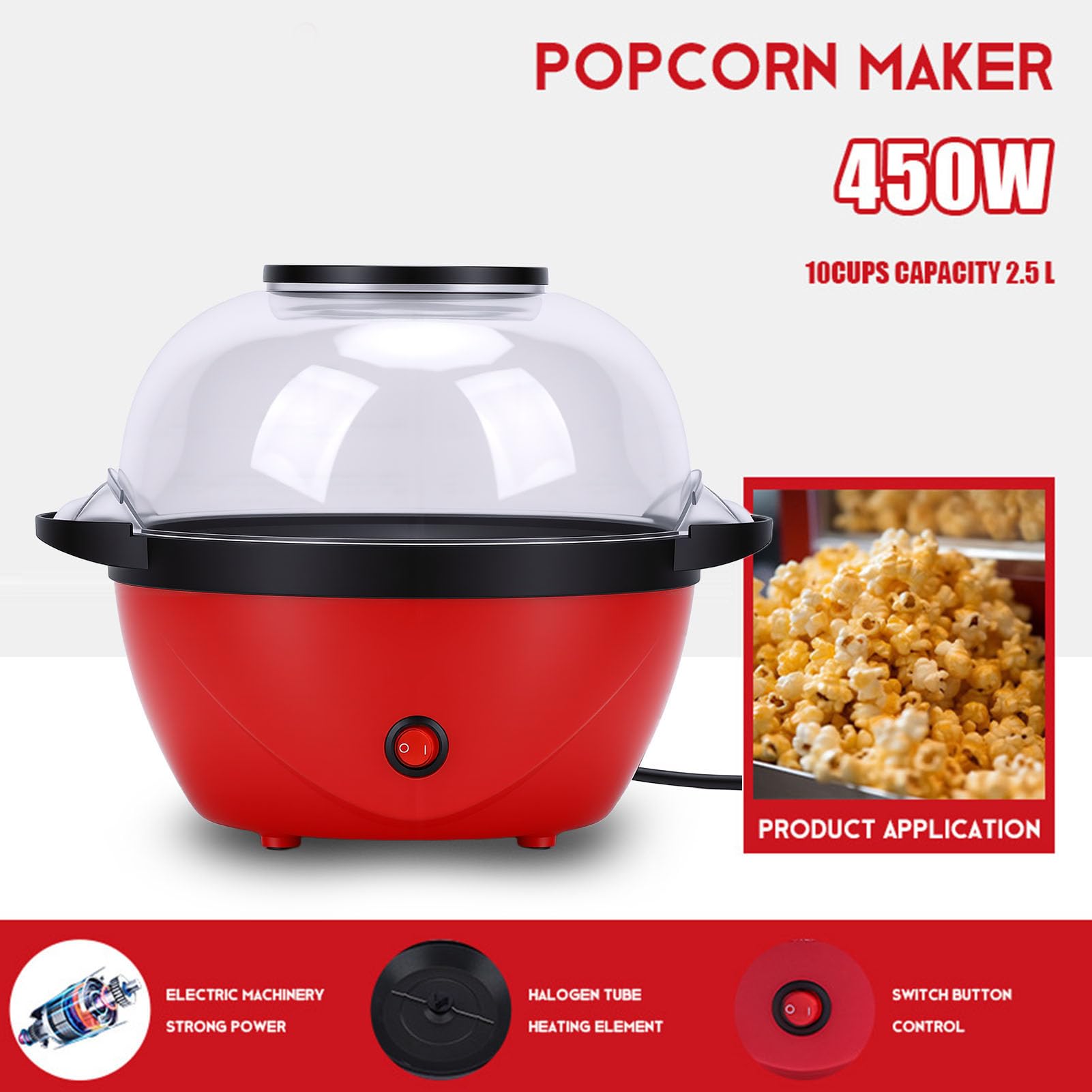 Maszyna do Popcornu Elektryczna Wyciskarka do Gorącego Oleju o Mocy 450 W z płytką nieprzywierającą, 10 Filiżanek (Wtyczka UE)