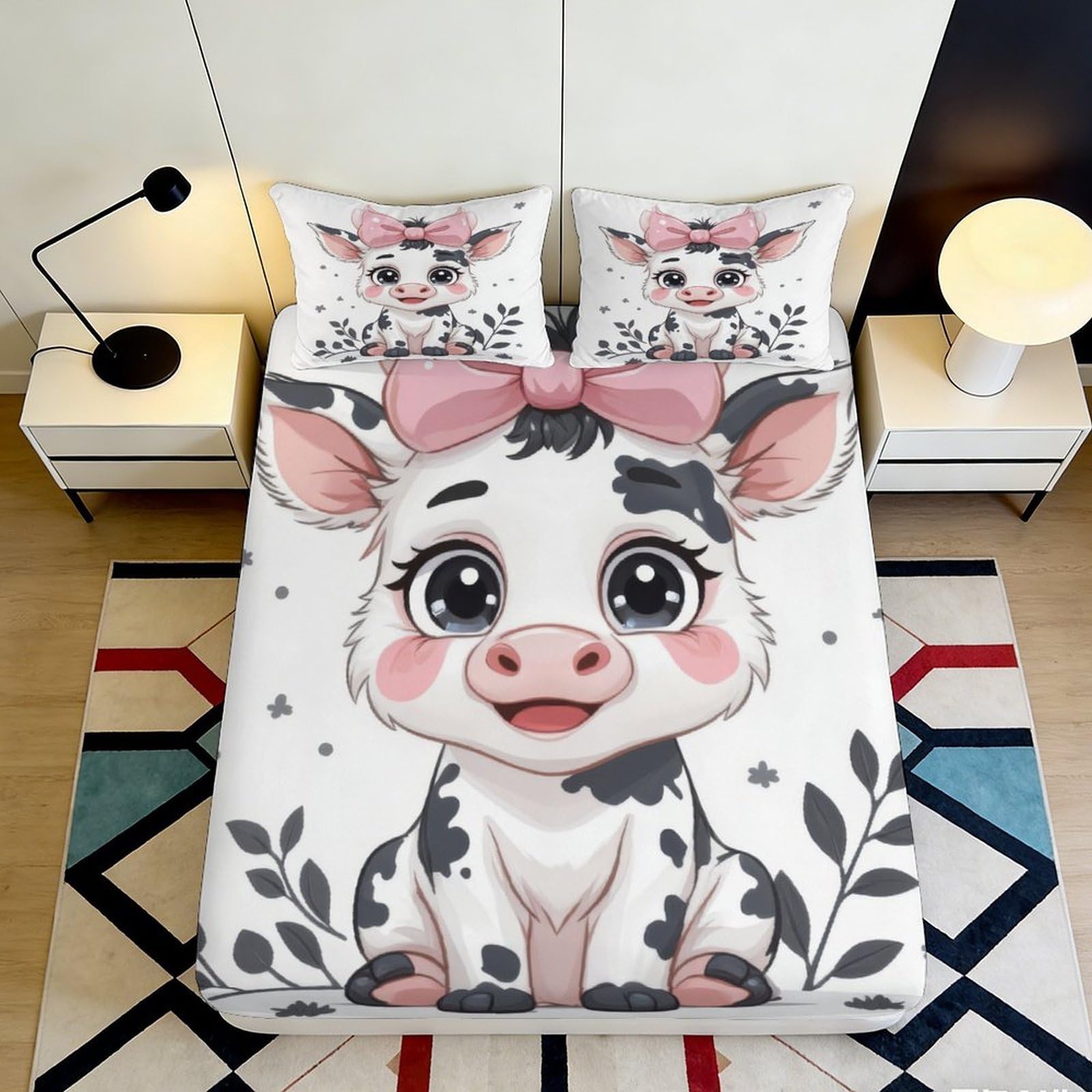 Uynsixtme Style-7 3D Printed Cute Cow Fitted Sheet Microfiber Non-Slip Deep Pocket Bedroom Bedding Smile Cow Mattress Fitted Cover Washable Full Wrap 200X200x25cm