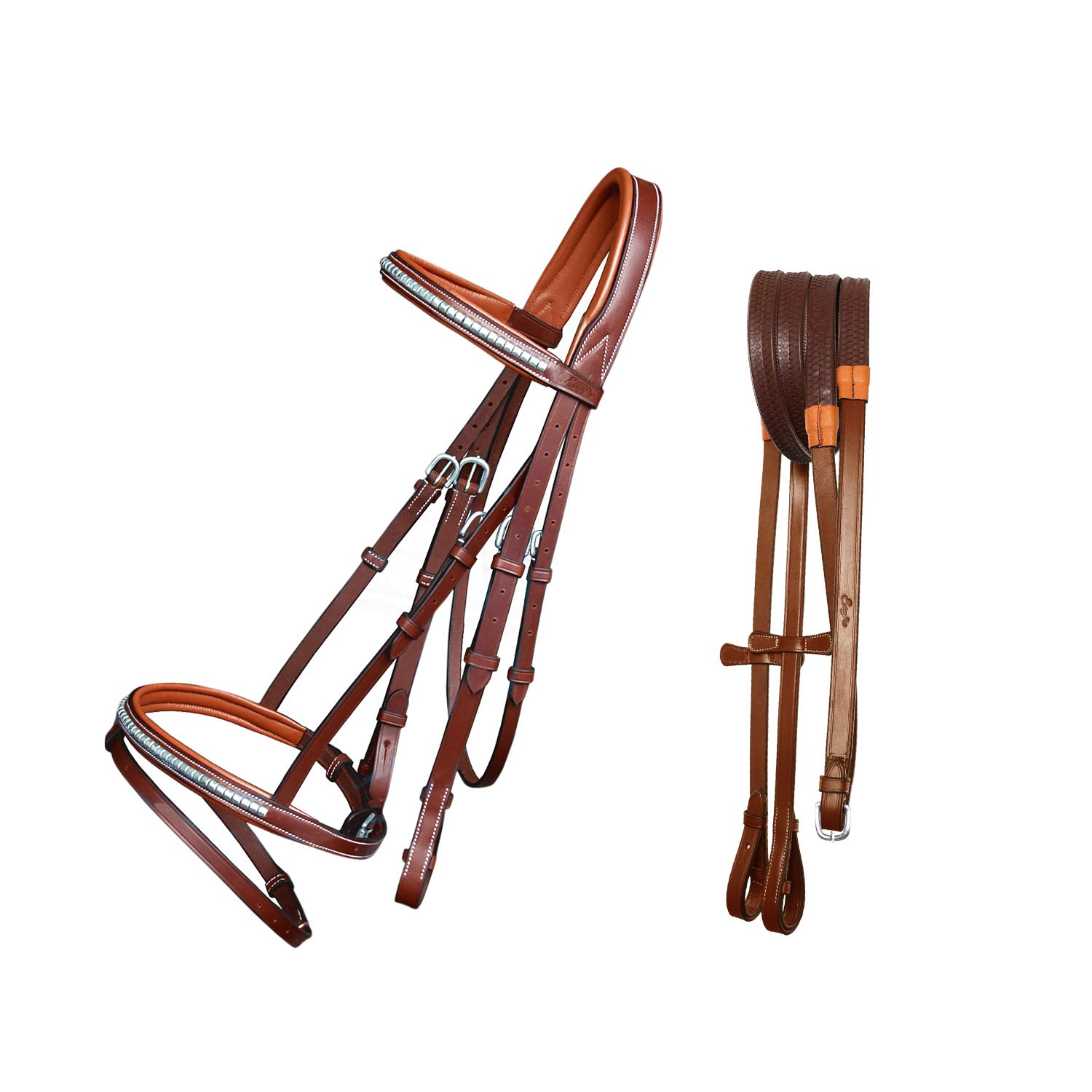 Soft Lined Crownpiece SS Clincher Studded Browband & Snaffle Flash Noseband Horse Bridle & Rubber Rein | English Jumping Bridle for Horses