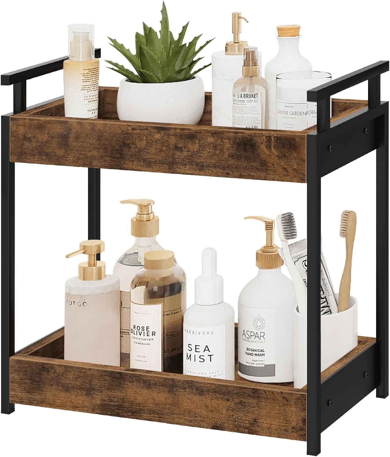 Bathroom Countertop Organizer, 2 Tier Counter Organizers and Storage for Bathroom Sink Dresser, Wooden Standing Vanity Shelf Tray for Makeup Perfume Skincare, Rustic Brown