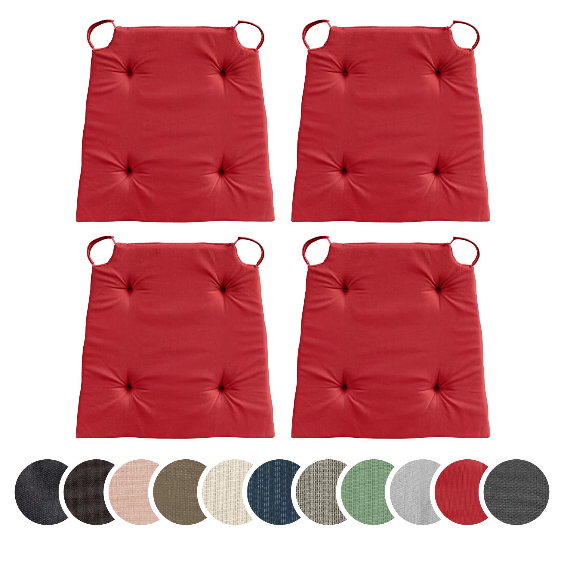 sleepling 4er Set Stuhlkissen, 42 (vorne) 35 (hinten) x40x5 cm, Sitzkissen für Stuhl & Bank mit Klettverschluss, Indoor & Outdoor, 100% Baumwolle, Made in EU, waschbar bis 30 Grad, Basic 10, Rot