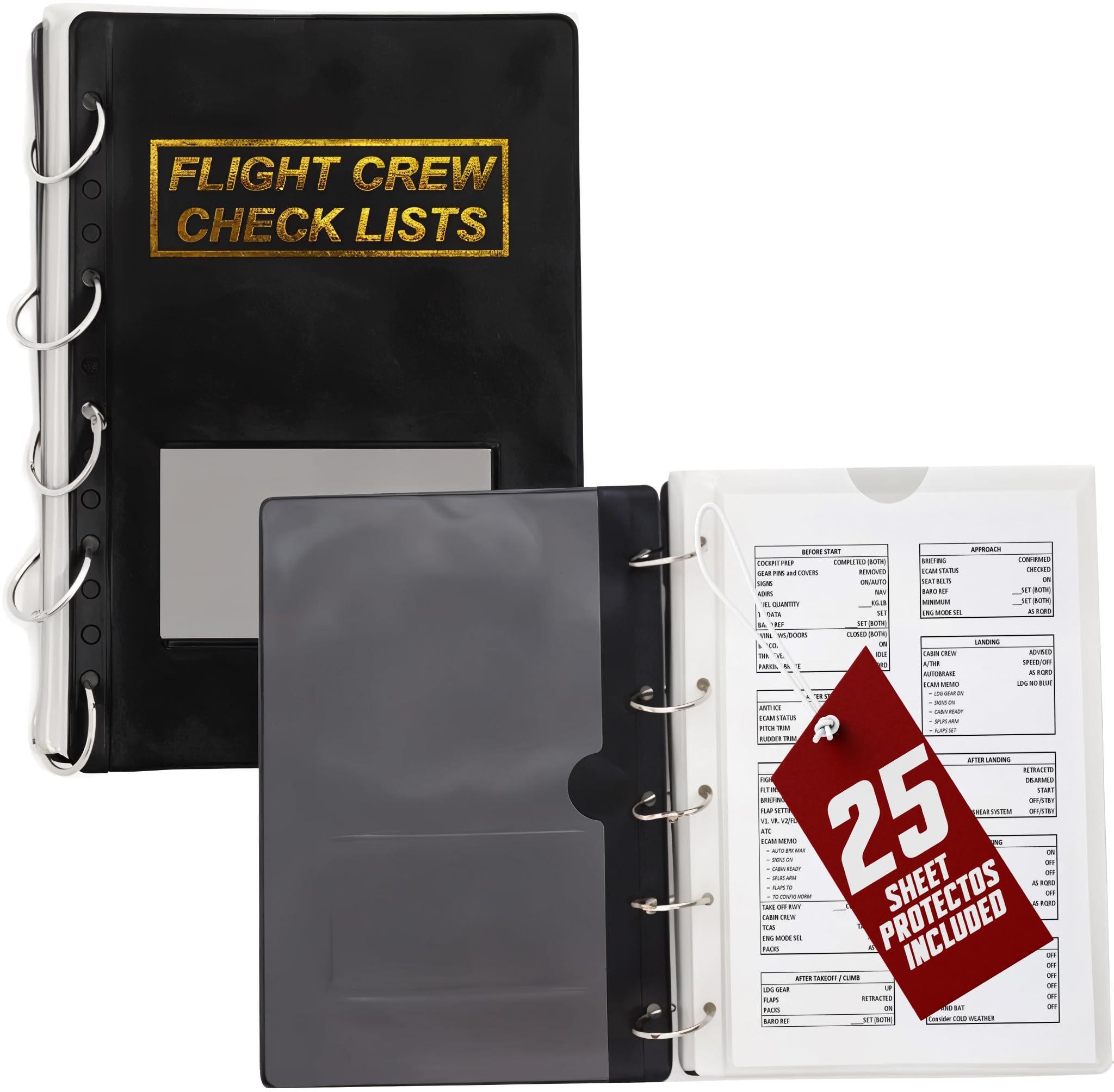 Performore Flight Crew Checklist Binder (Black) with 5 Loose Leaf Rings - Includes 25 Sheet Protectors and Business Card Size Pocket ON Front Cover for Label, for 8" X 5" Paper