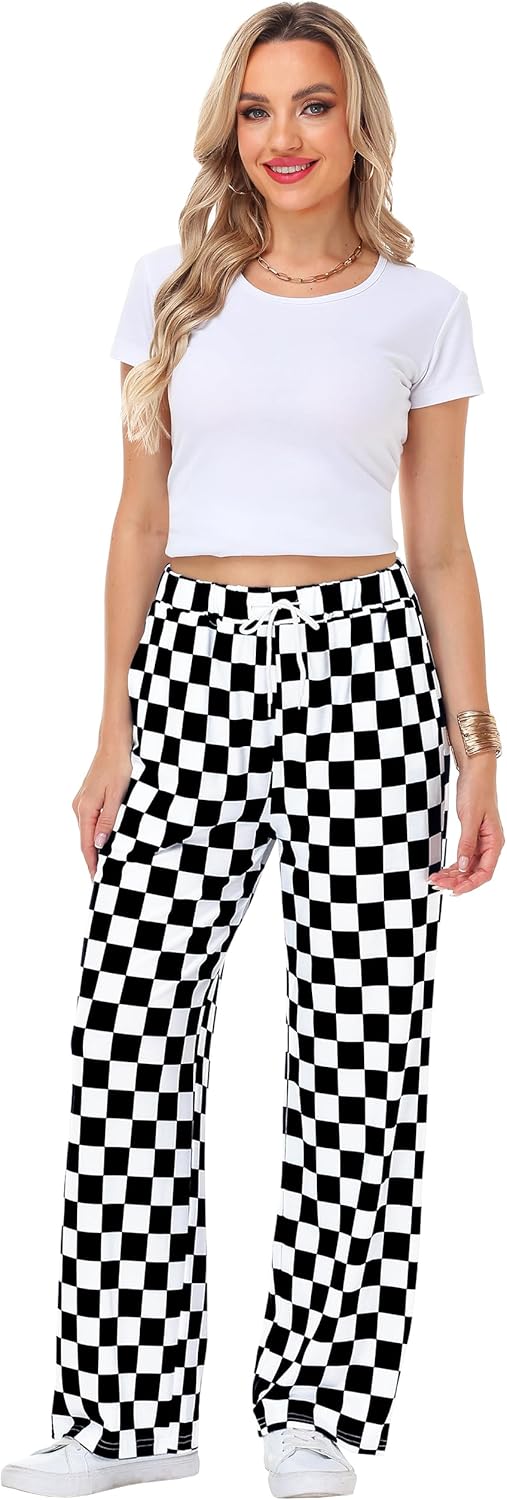 Remimi Womens Checkered Pants Casual Loose Wide Leg Sweatpants with Pockets - Image 6