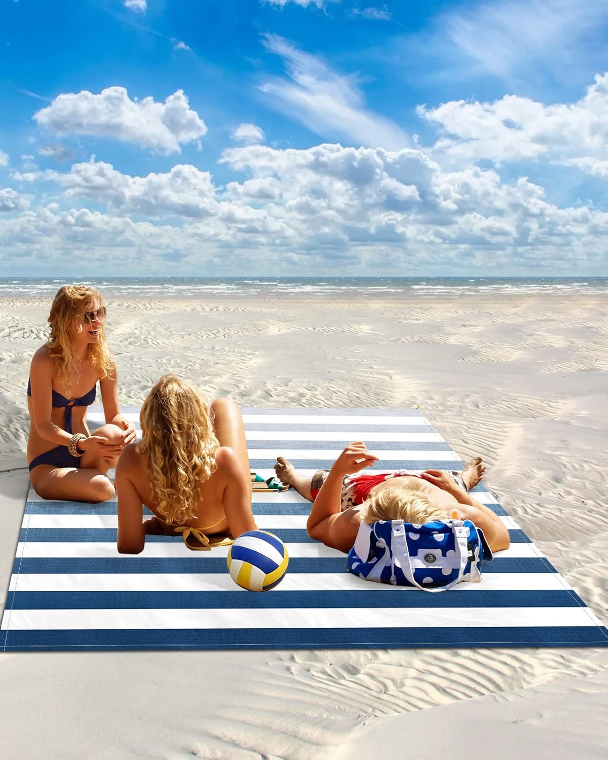 Ombre Art Navy Blue White Stripes Beach Blanket Waterproof Sandproof Outdoor Picnic Mat 95"x80" Colored Gradient Lightweight Large Beaach Blankets with 4 Stake & 4 Corner Pockets