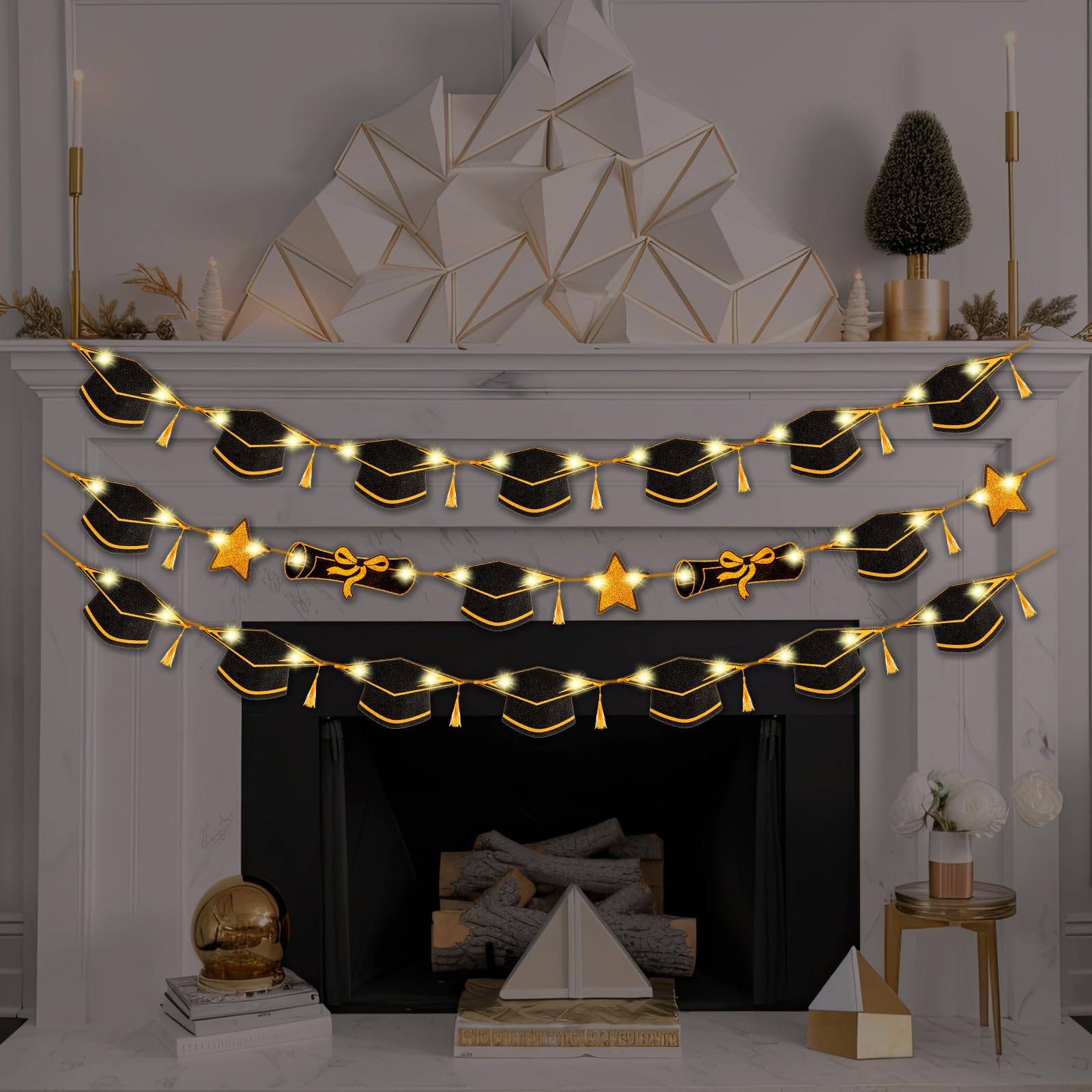 3 Pcs Graduation Banners with LED Lights Congrats Grad Banner Graduation Garland Class of 2024 Black and Gold Congratulations Banner LED Garland for Graduation Party Decorations Supplies