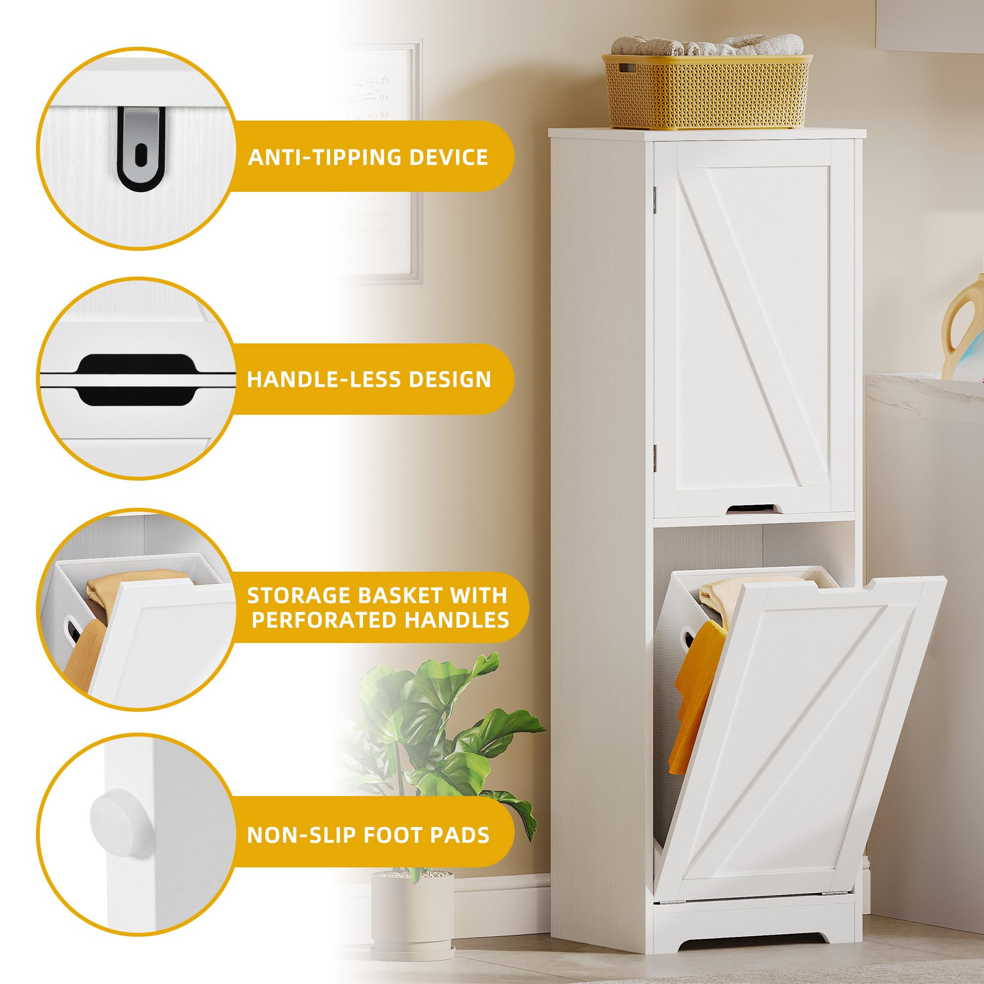 DWVO Tilt Out Laundry Hamper - 53" Tall Bathroom Storage Cabinet Laundry Cabinet with Adjustable Shelves and Clothes Basket, Hamper Cabinet Shelf for Laundry Room Bathroom Organizer, White