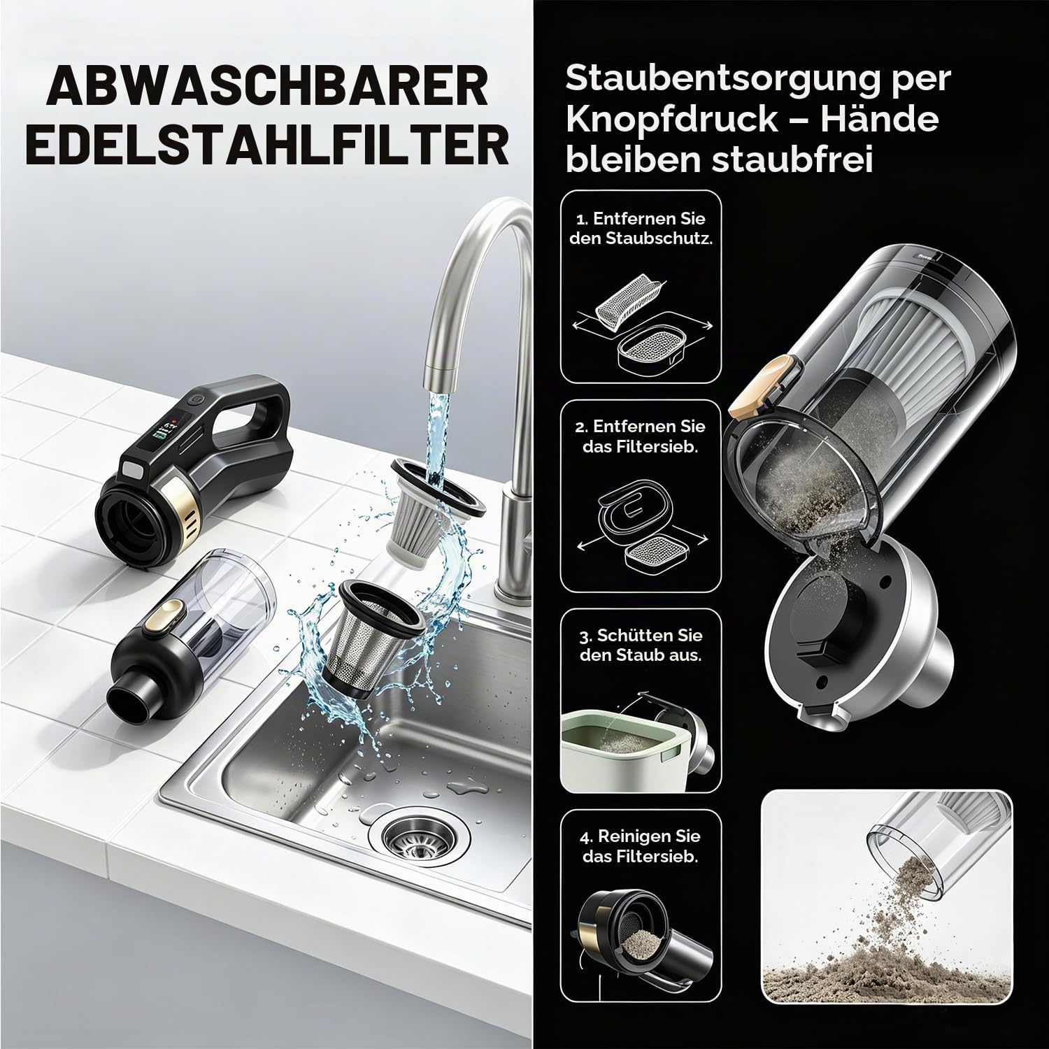Handstaubsauger Akku, 4-in-1 Autostaubsauger Tragbarer Staubsauger Kabellos 22000Pa Auto Staubsauger Stark, Bürstenloser Motor, Mini Staubsauger für Tierhaare, Auto, Haushalt
