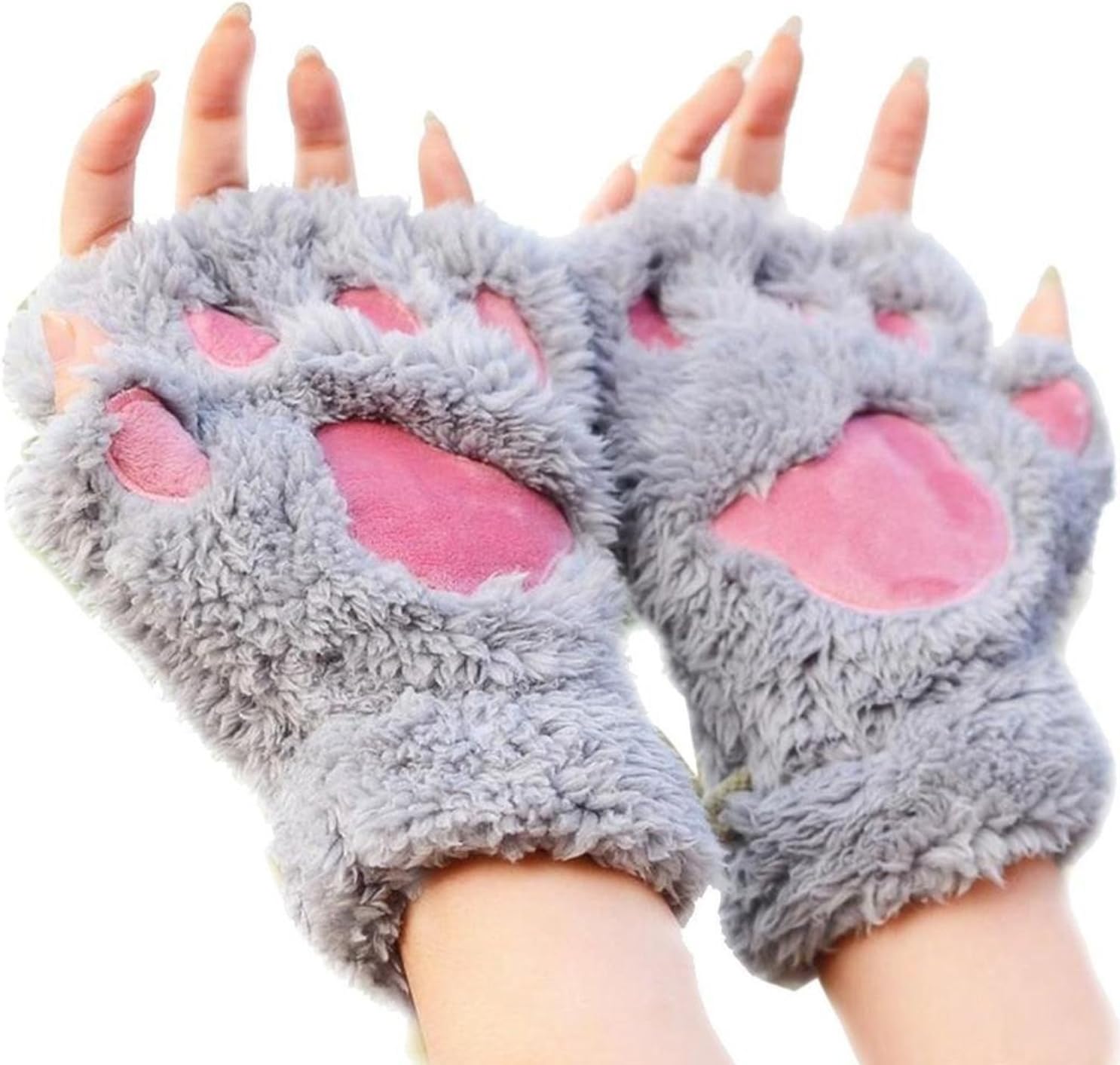 1 Pair Ladies Girls Womens Cat Paw Gloves Winter Gloves Fingerless Paw Mittens Warm Plush Half-Finger Winter Gloves
