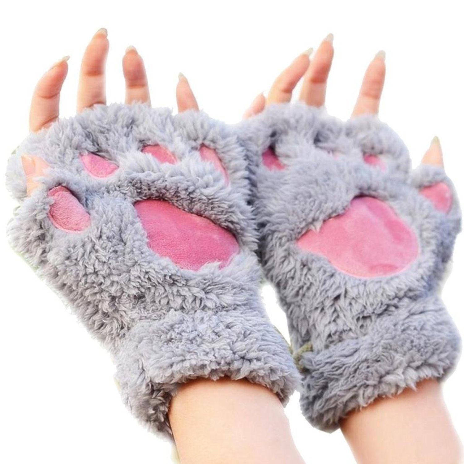 1 Pair Ladies Girls Womens Cat Paw Gloves Winter Gloves Fingerless Paw Mittens Warm Plush Half-Finger Winter Gloves