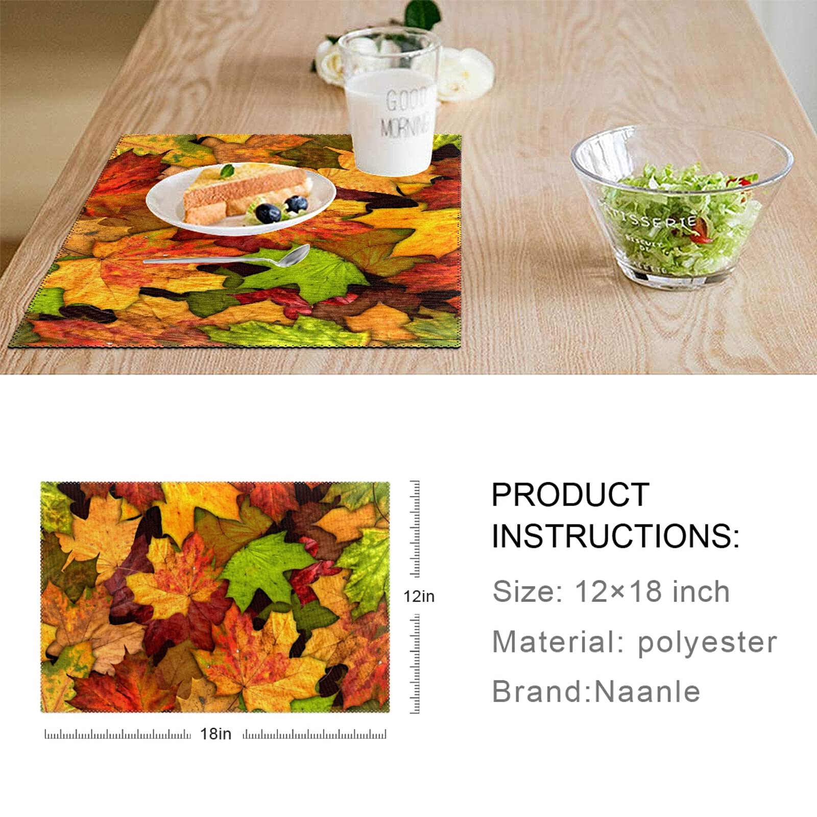 Naanle Thanksgiving Placemat Set of 6, Maple Leaves Heat-Resistant Washable Table Place Mats for Kitchen Dining Table Decoration